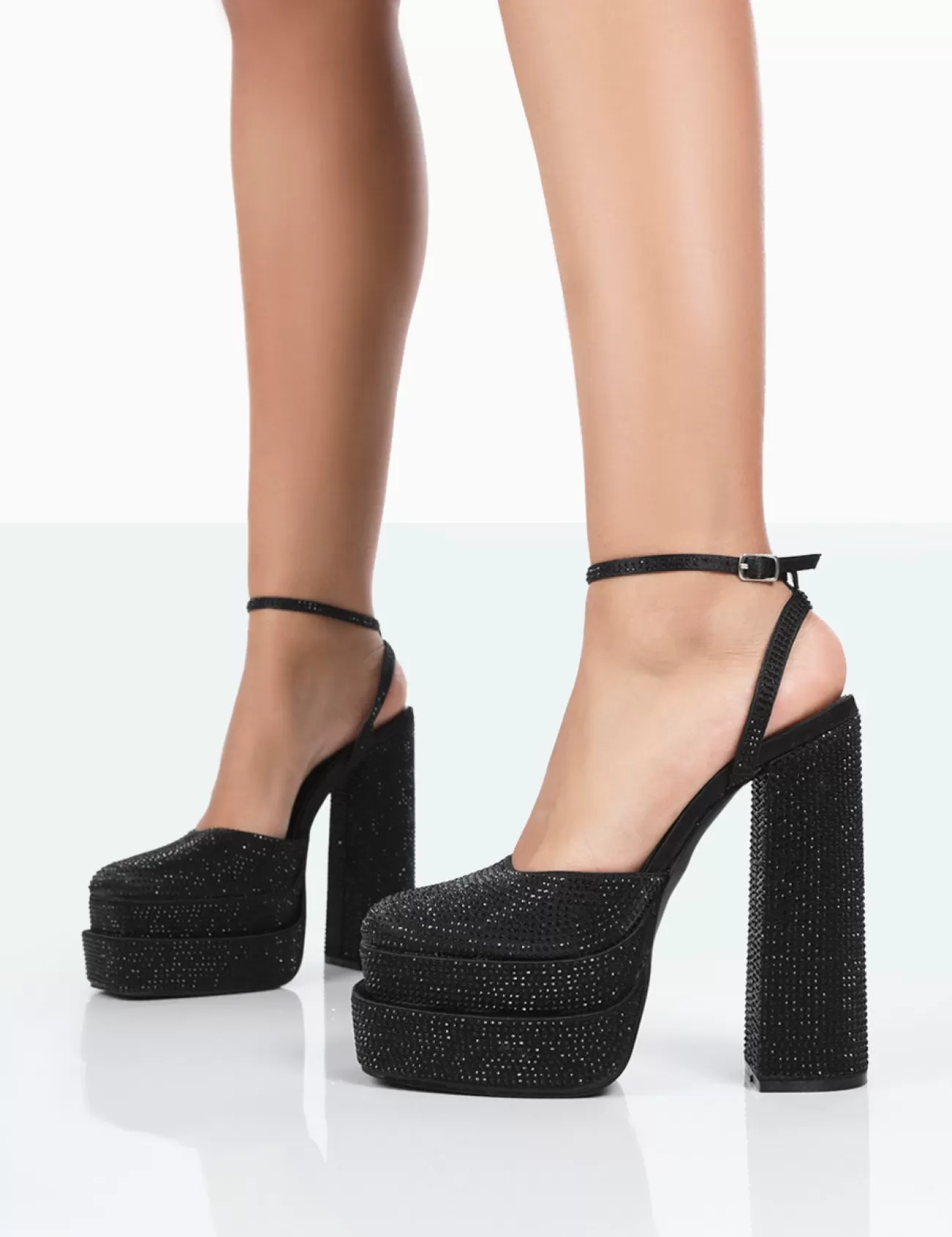 Public Desire Moonchild Sparkly Diamante Satin Closed Toe Statement Platform Block Heels Black Fashion