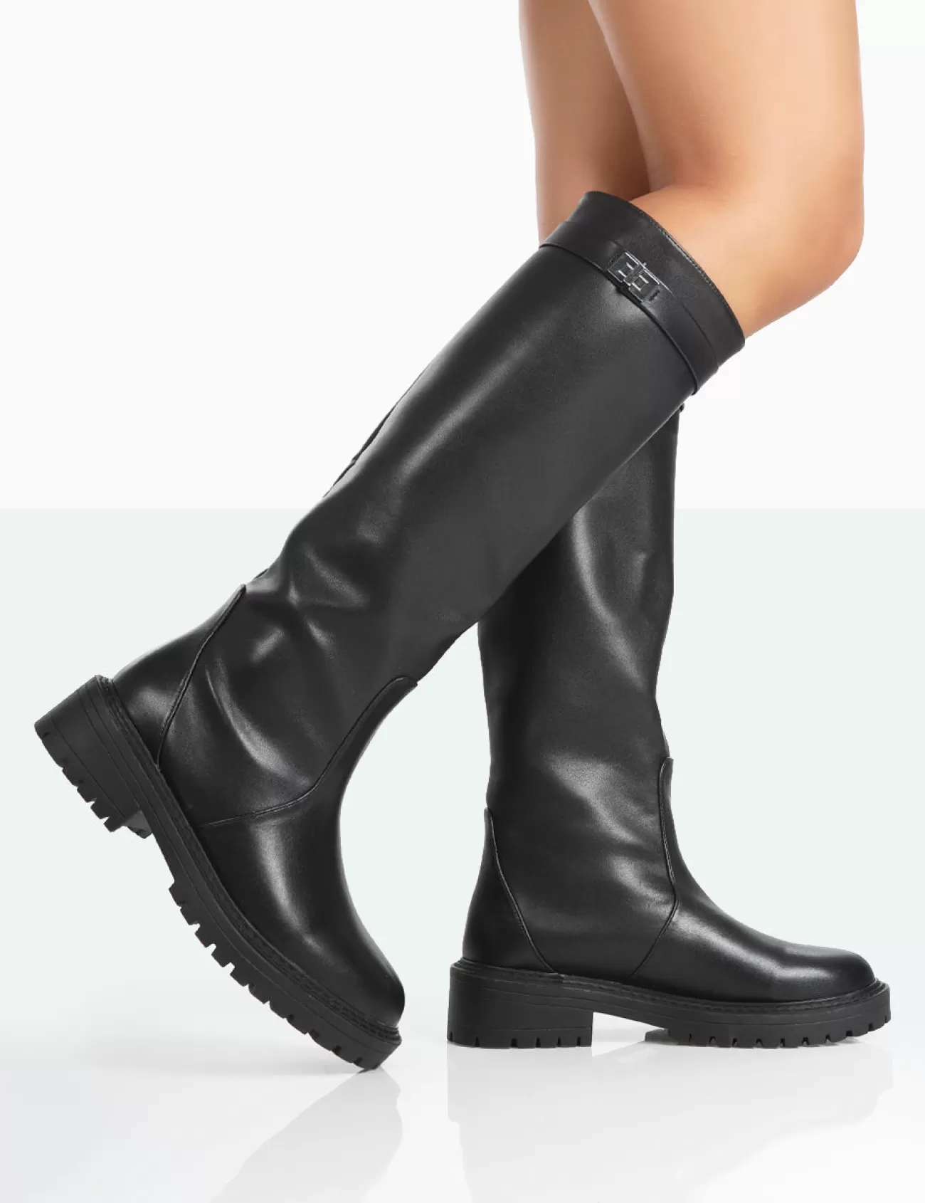 Public Desire More Fun Pu Round Toe Chunky Sole Knee High Boots Black Outlet