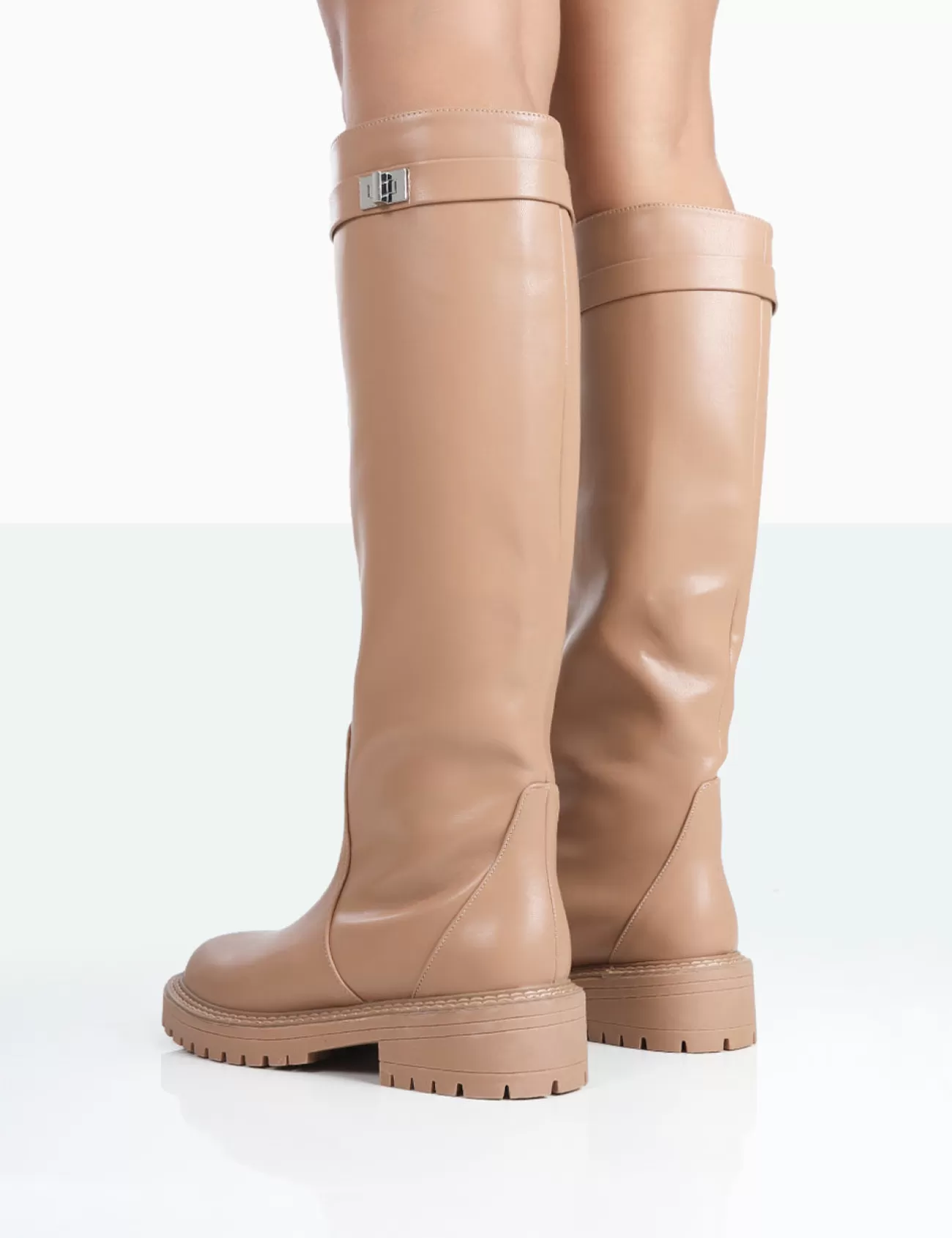 Public Desire More Fun Pu Round Toe Chunky Sole Knee High Boots Caramel Shop
