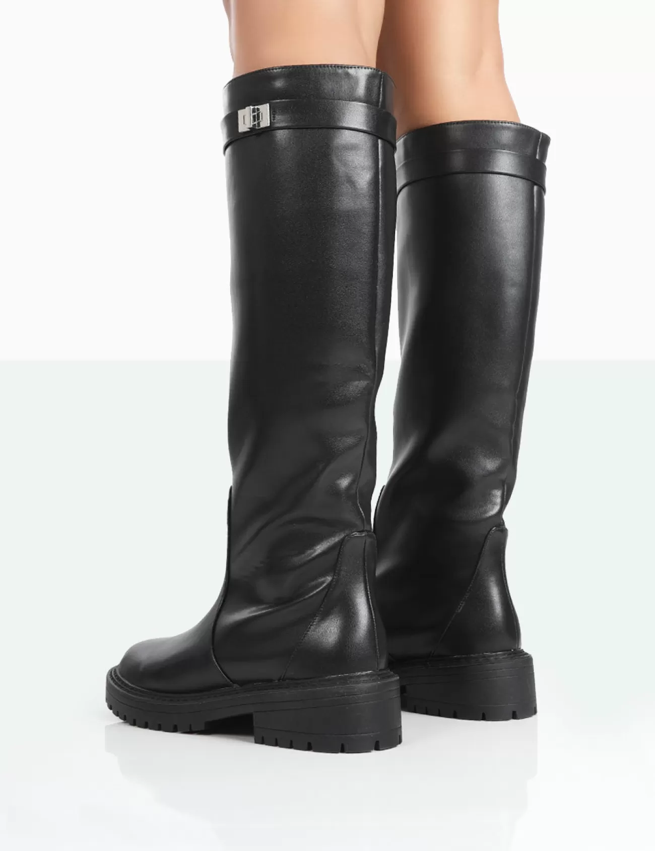 Public Desire More Fun Pu Round Toe Chunky Sole Knee High Boots Black Outlet