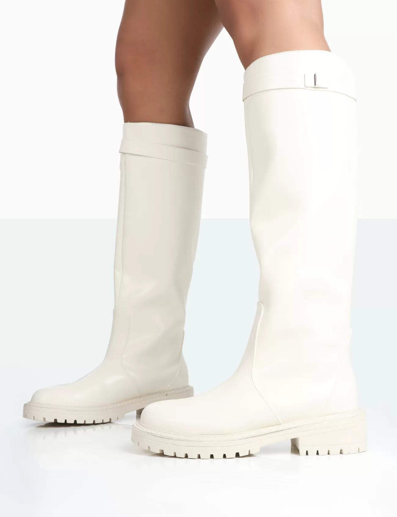 Public Desire More Fun Pu Round Toe Chunky Sole Knee High Boots Ecru Best Sale