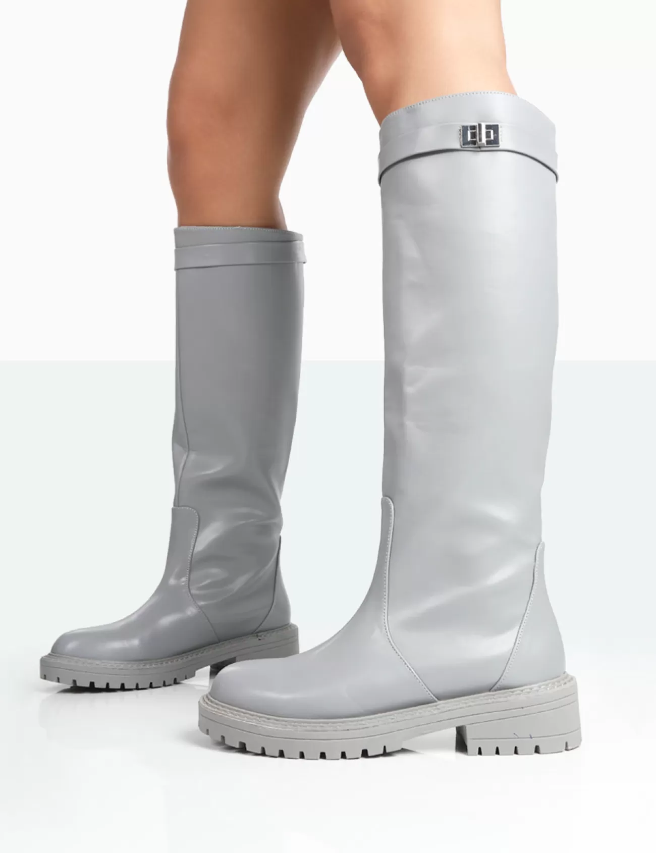Public Desire More Fun Pu Round Toe Chunky Sole Knee High Boots Grey Sale