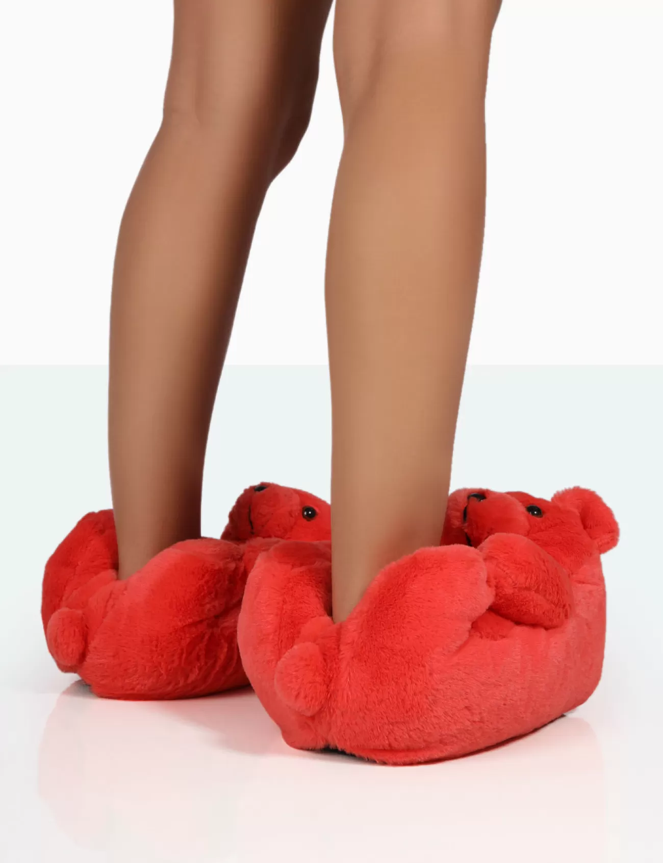 Public Desire Moxy Fluffy Faux Fur Bear Shaped Slippers Red Hot