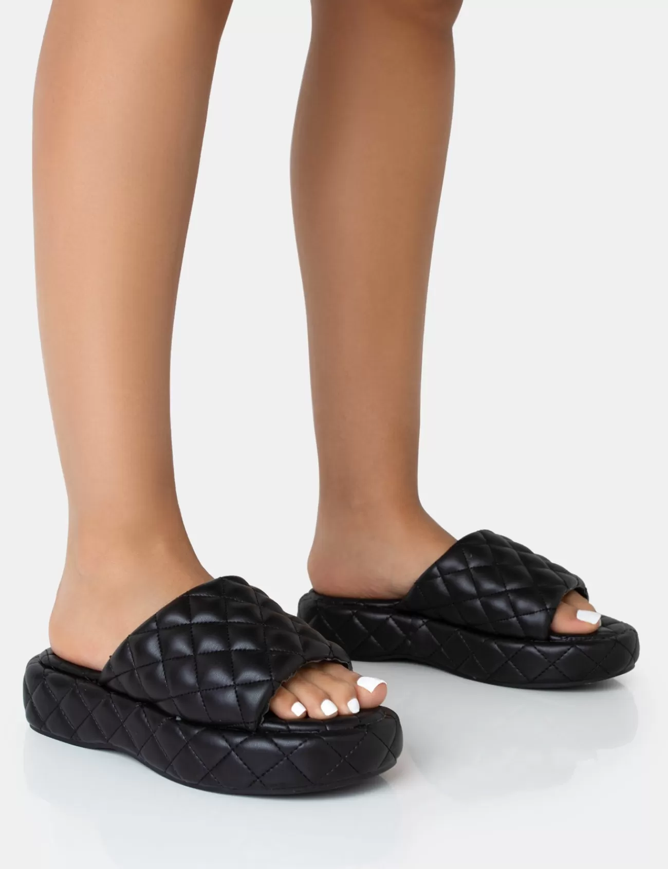 Public Desire Mykonos Flatform Quilted Slider Sandals Black Flash Sale