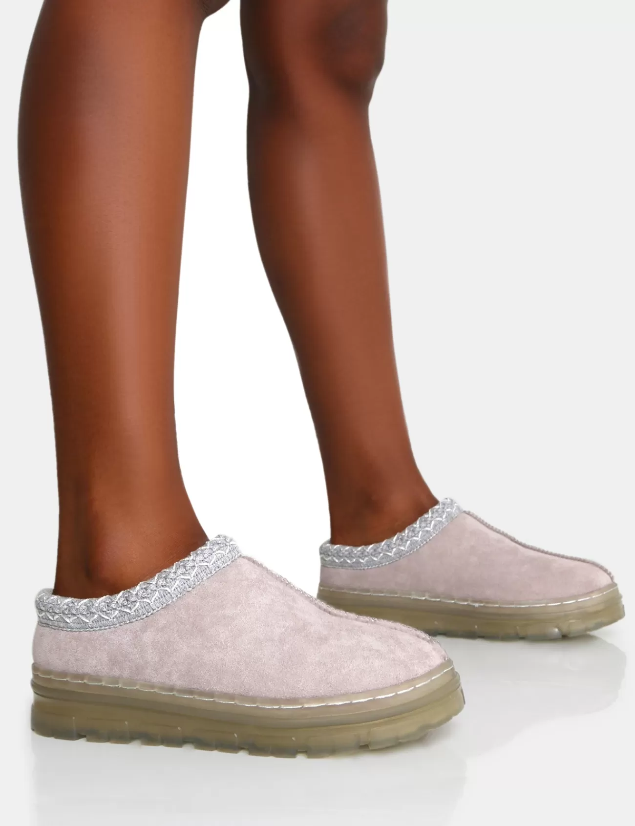 Public Desire Nala Light Faux Suede Embroidered Slipper Platform Boots Grey Shop