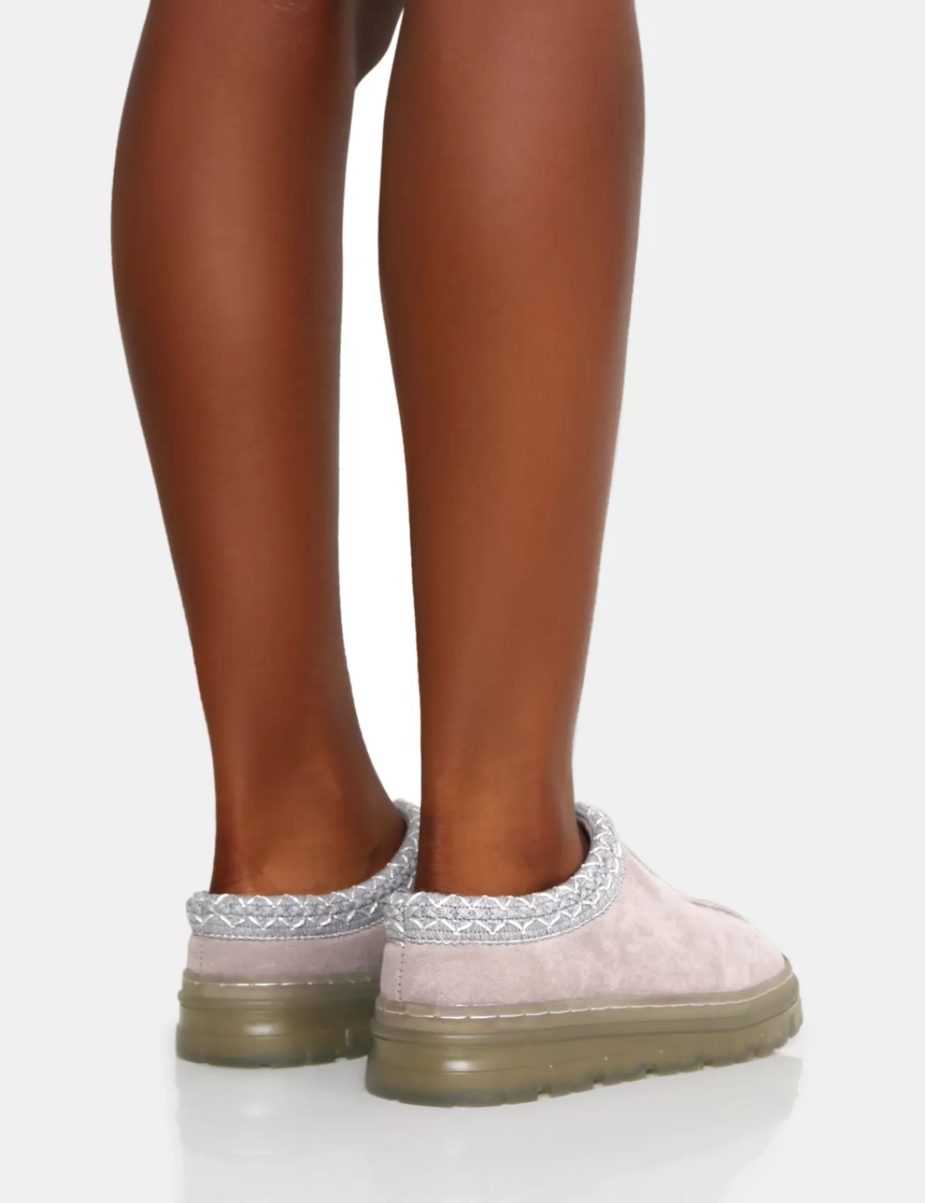 Public Desire Nala Light Faux Suede Embroidered Slipper Platform Boots Grey Shop