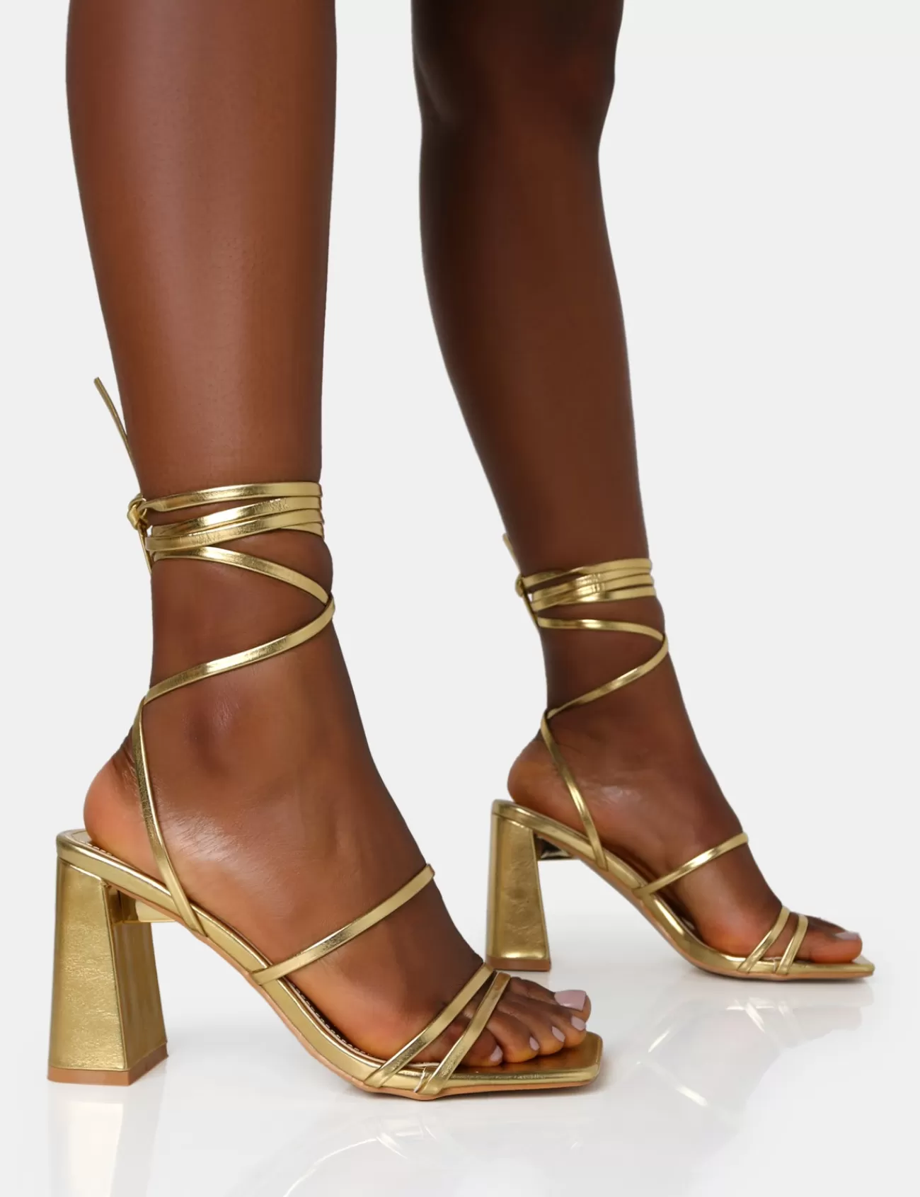 Public Desire Natty Pu Lace Up Square Toe Mid Block Heels Gold Hot