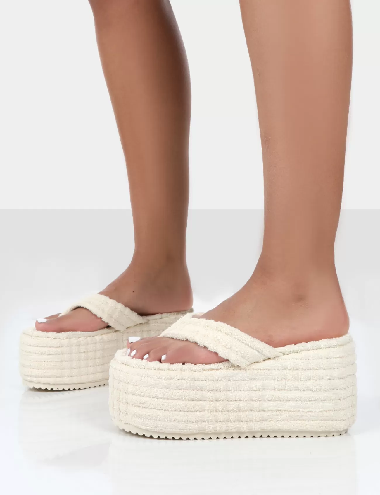 Public Desire Nell Ecru Terry Towelling Platform Wedge Flip Flop Sandals White Cheap