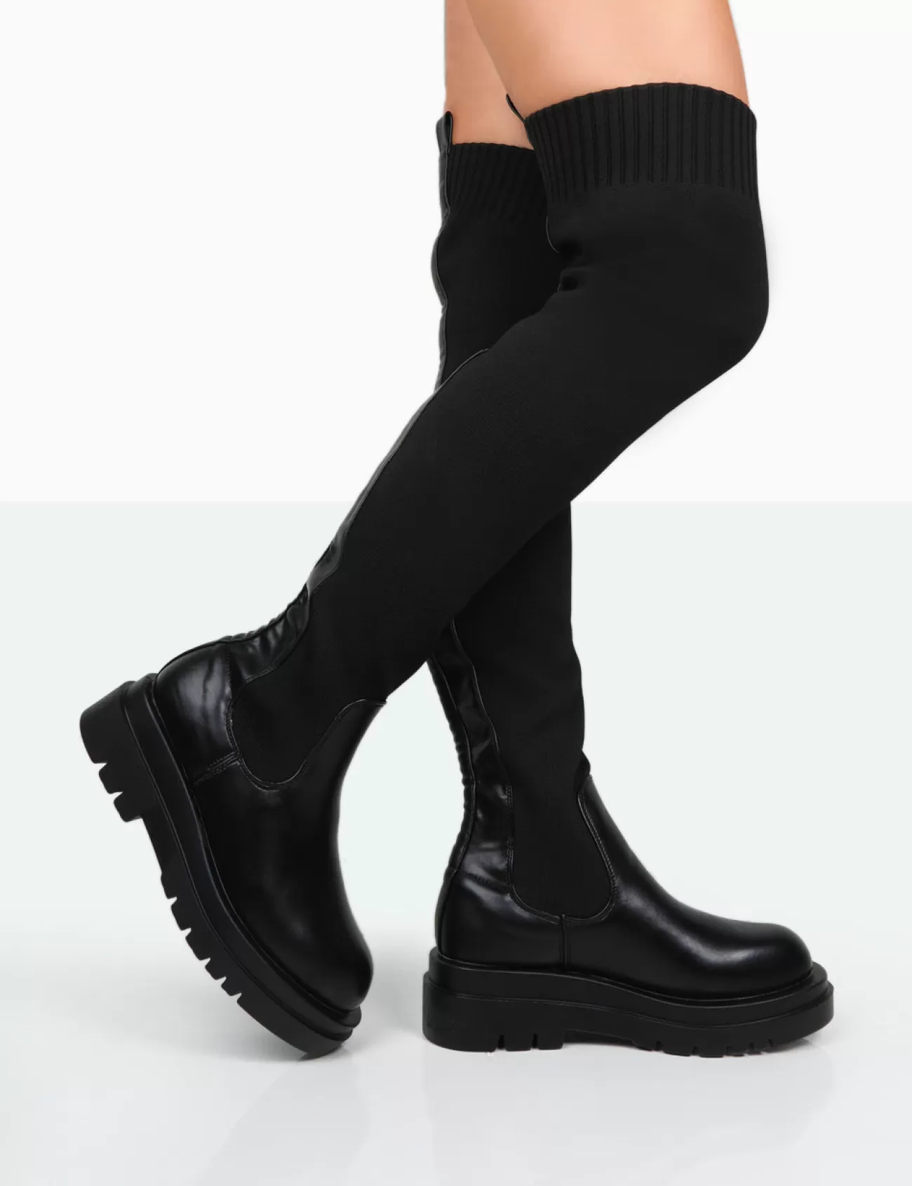 Public Desire New-Me Pu And Knit Over The Knee Chunky Sole Sock Fit Boots Black Shop