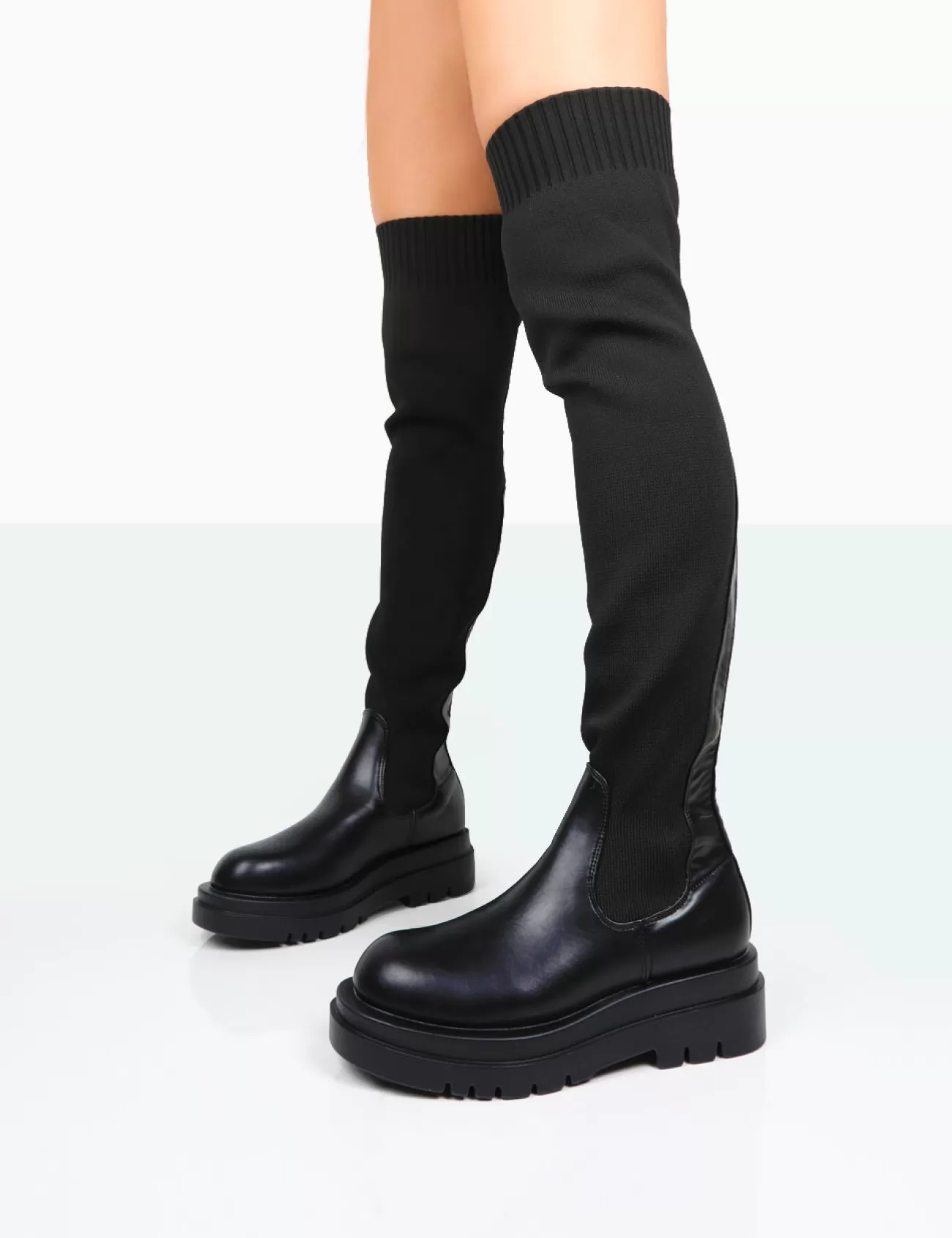 Public Desire New-Me Pu And Knit Over The Knee Chunky Sole Sock Fit Boots Black Shop