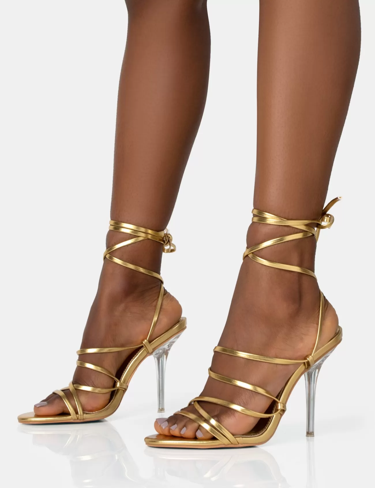 Public Desire Nobu Lace Up Round Toe Perspex Stiletto Heels Gold Discount
