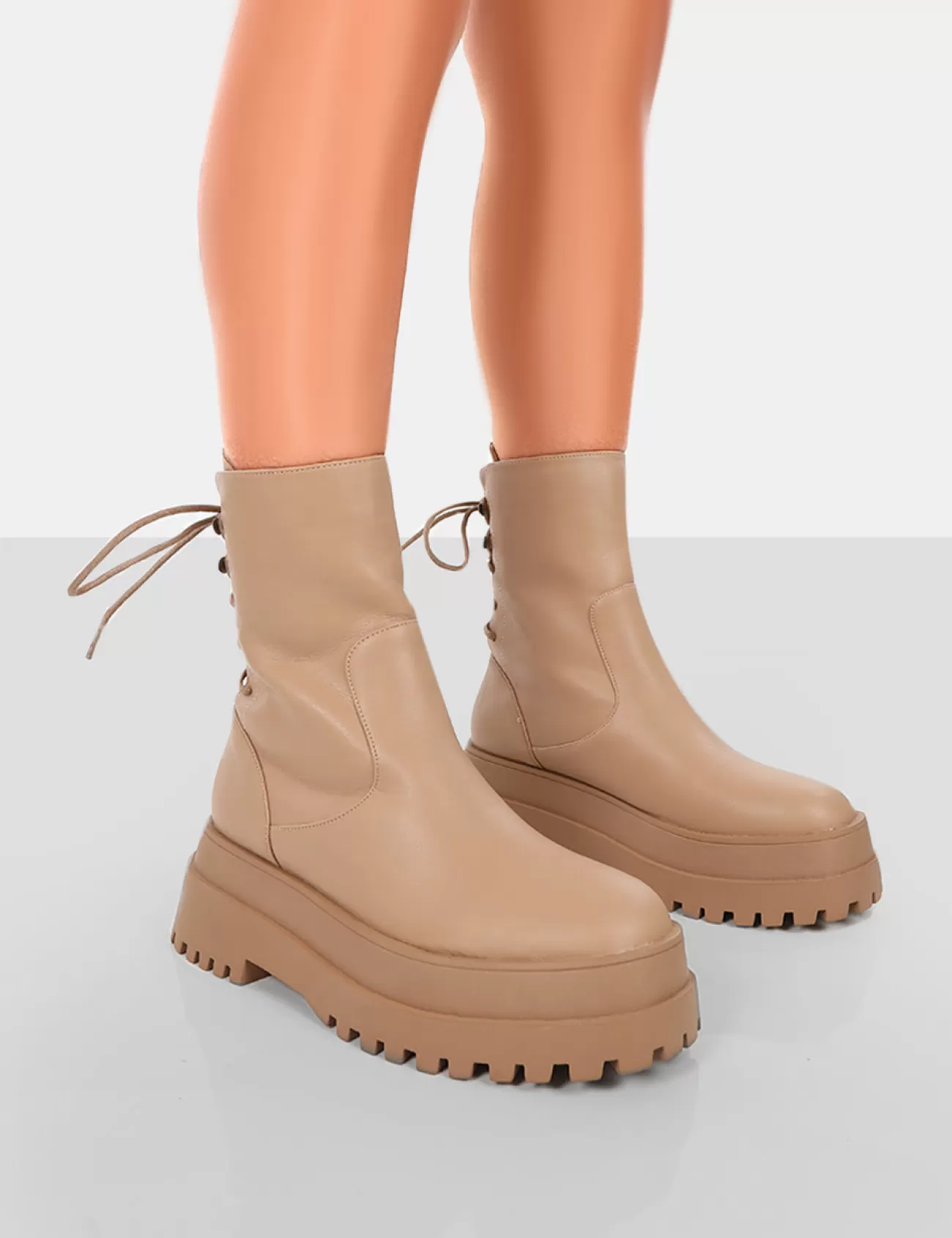 Public Desire Noelle Platform Chunky Sole Lace Up Detail Ankle Boots Camel Fashion