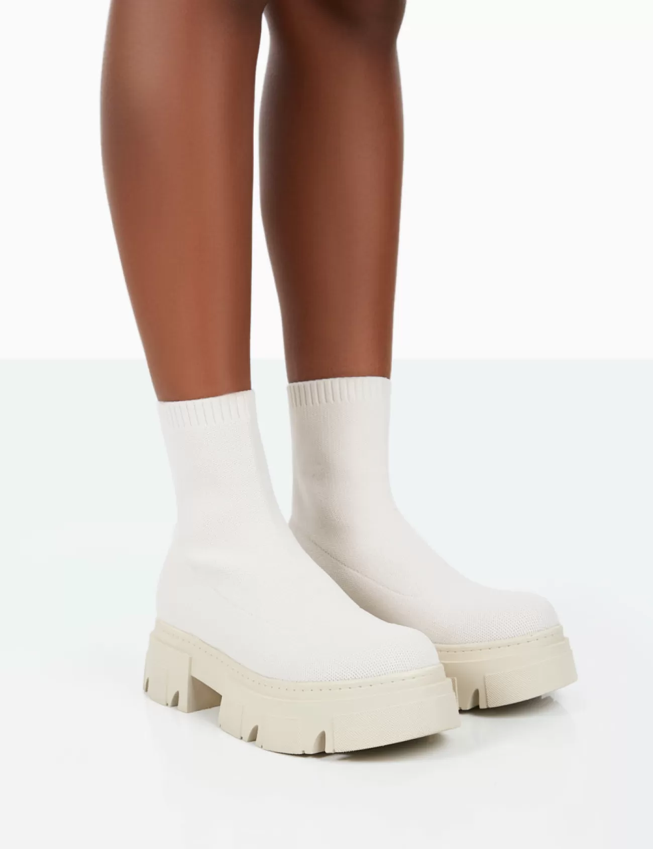 Public Desire Nola Knit Platform Chunky Sole Ankle Boots Ecru Clearance