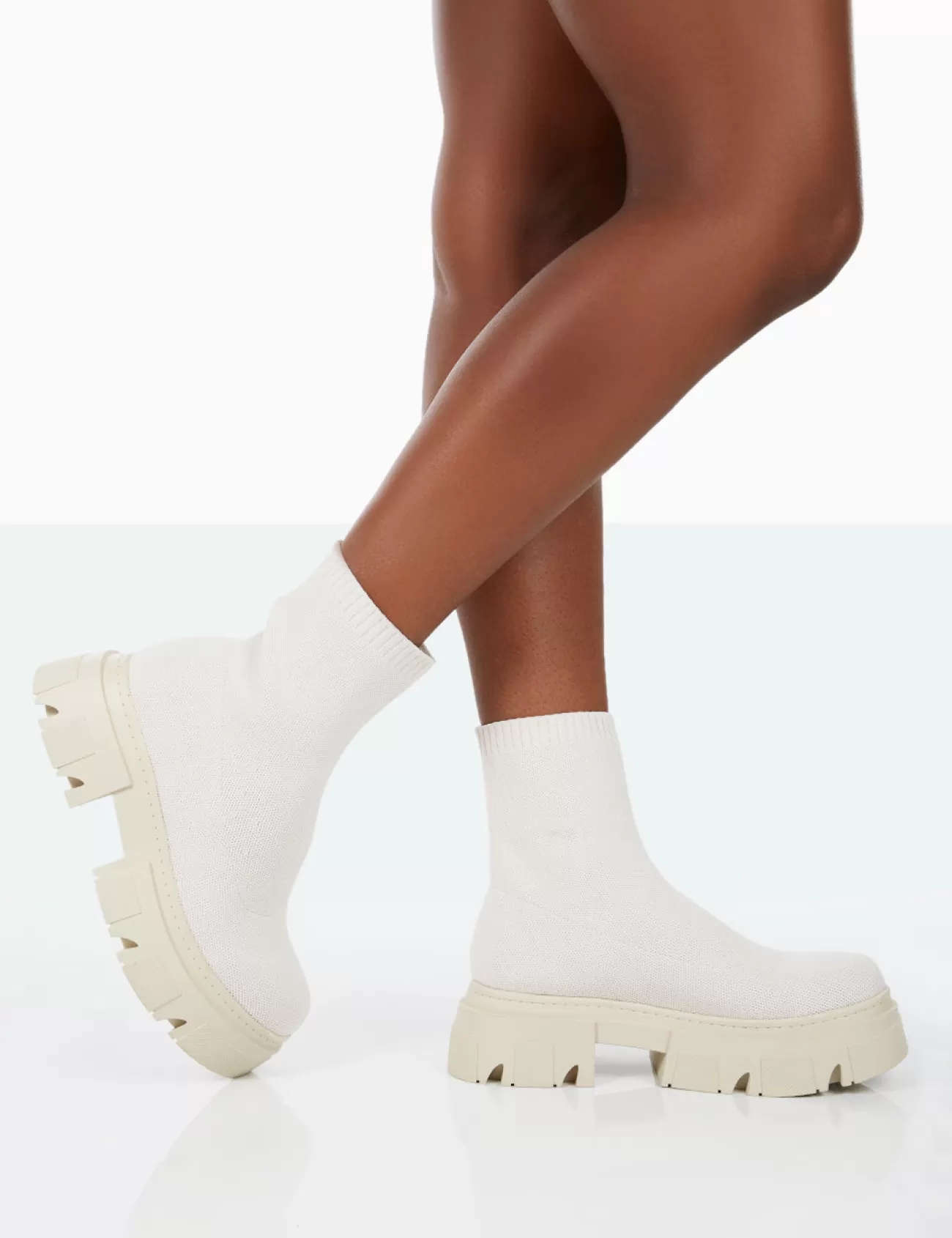Public Desire Nola Knit Platform Chunky Sole Ankle Boots Ecru Clearance