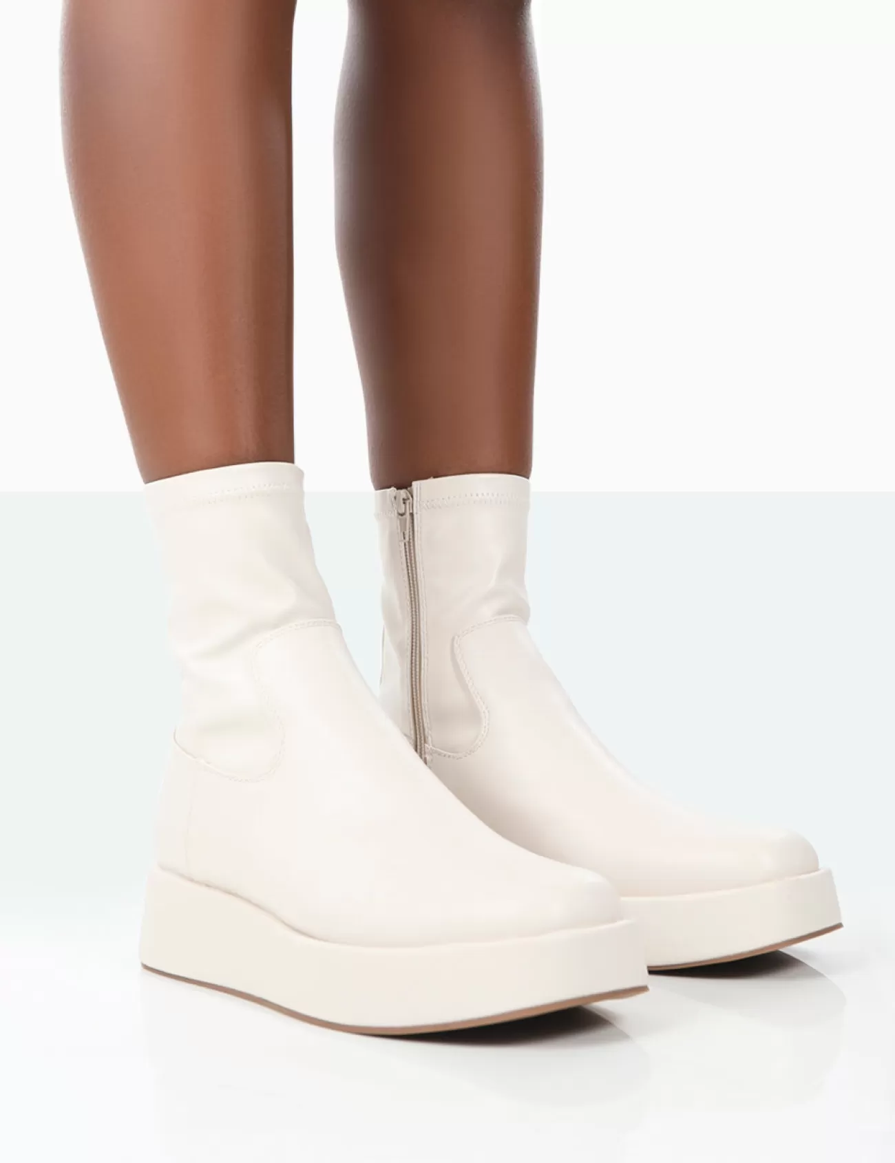 Public Desire Not Okay Pu Chunky Sole Platform Sock Ankle Boots Ecru Cheap
