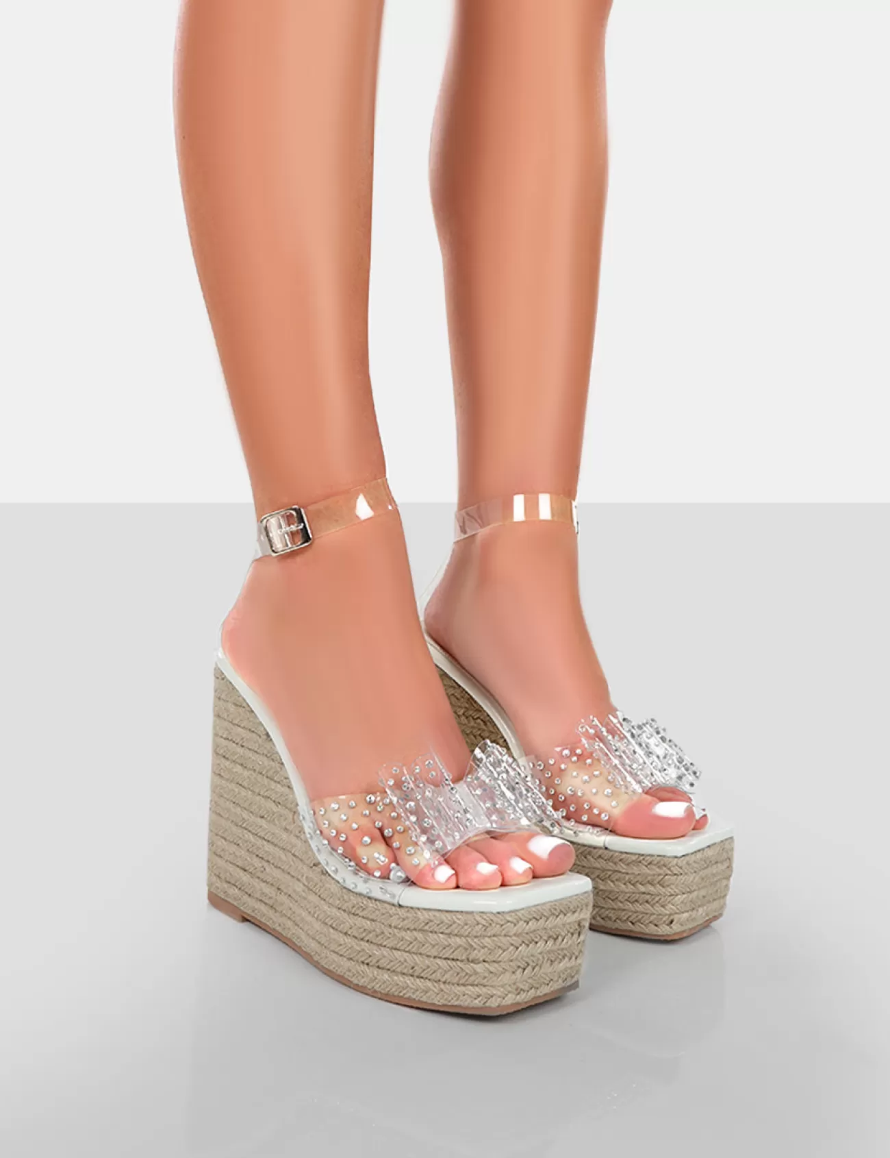 Public Desire Ocean Beach Patent Bow Platform Wedge Heels White Flash Sale