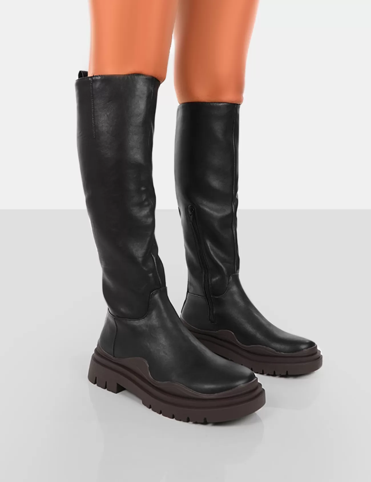 Public Desire On Point Black Pu Chunky Sole Knee High Boots Chocolate Store