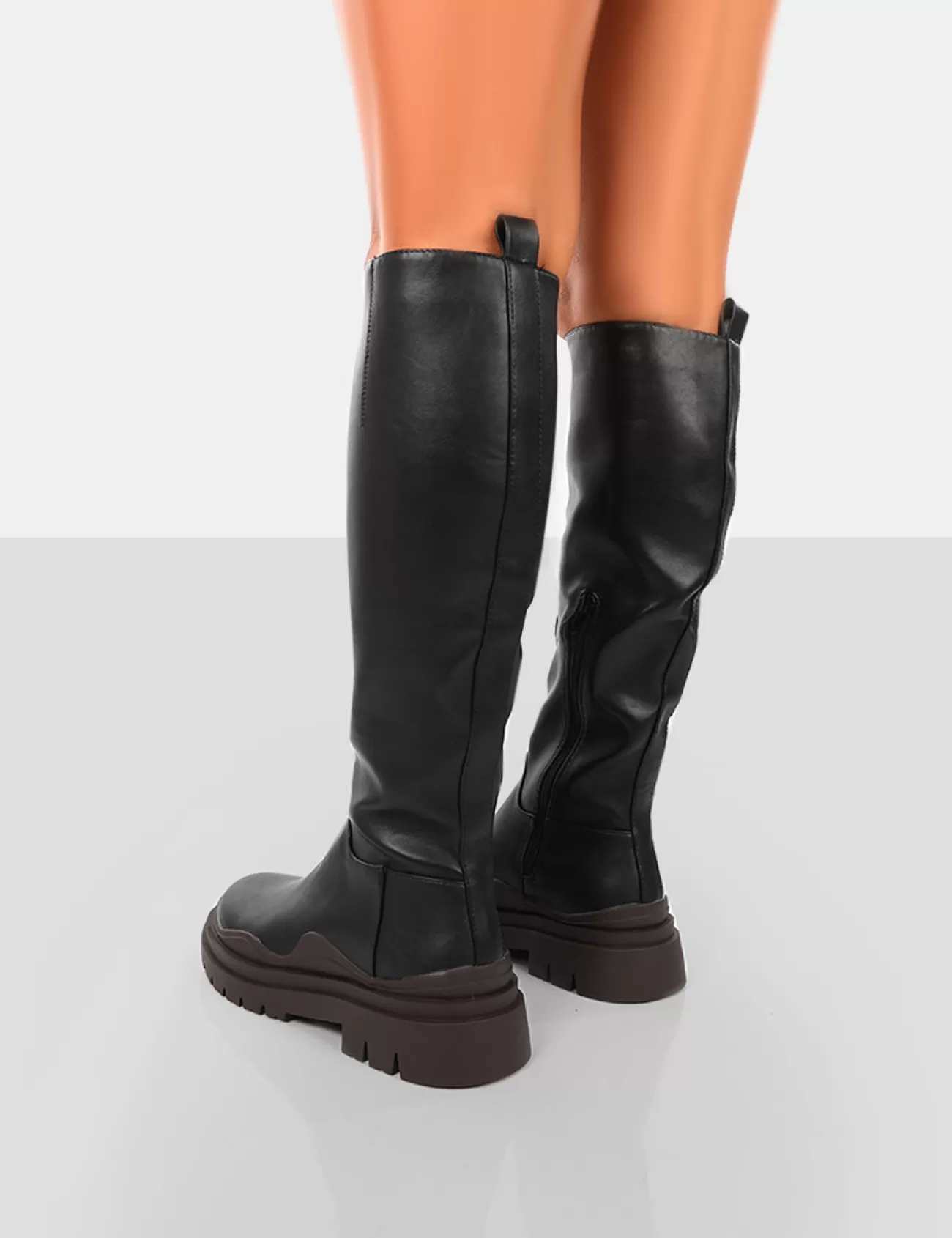 Public Desire On Point Black Pu Chunky Sole Knee High Boots Chocolate Store