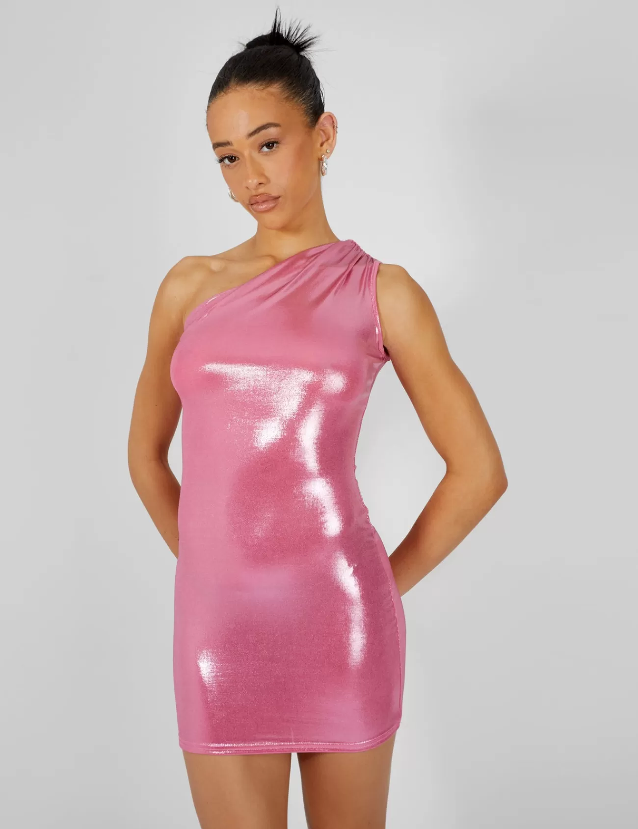 Public Desire One Shoulder Ruched Metallic Mini Dress Pink New