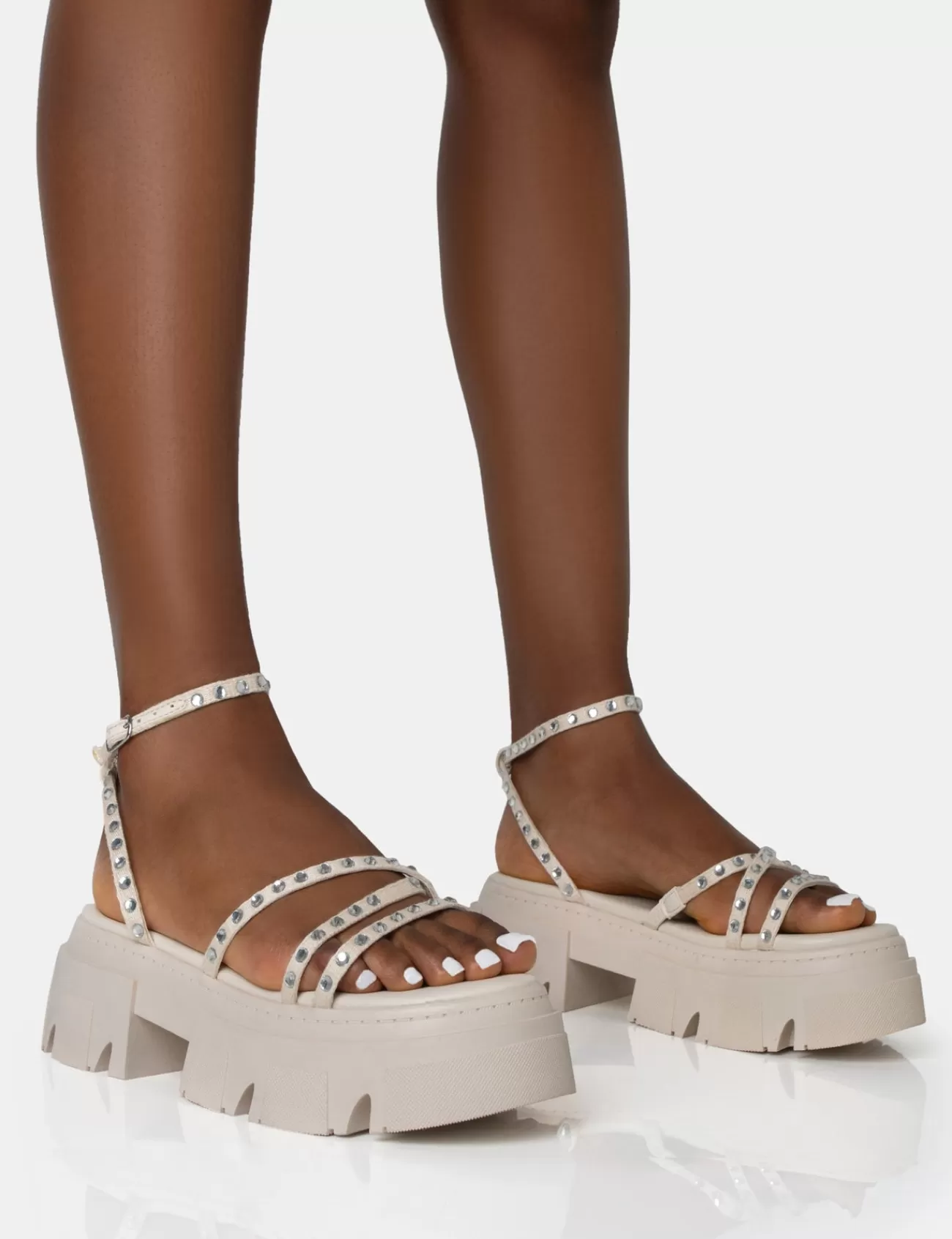 Public Desire Orbit Diamante Strappy Chunky Platform Sole Sandals Ecru Cheap