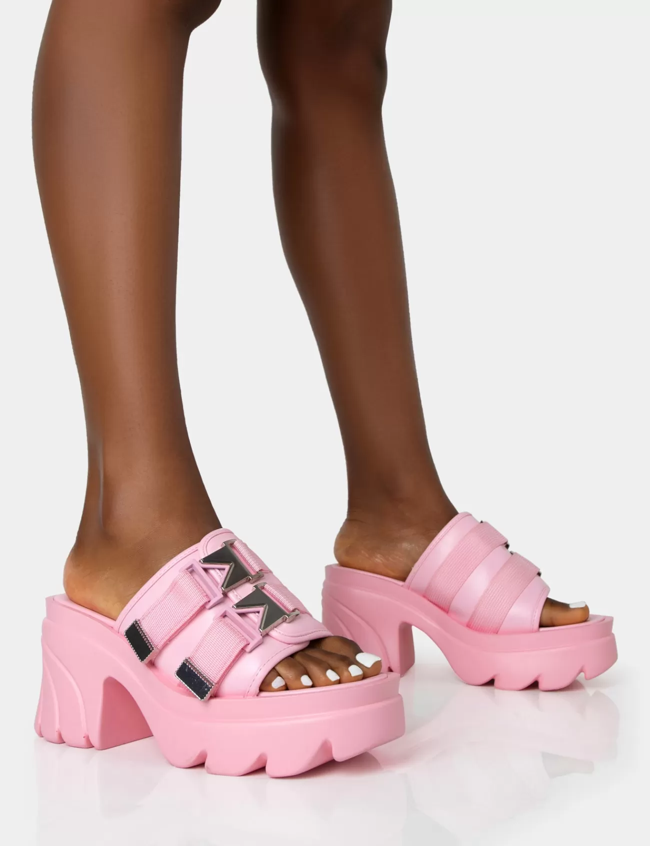 Public Desire Oslo Buckle Mule Platform Mid Heel Sandals Pink Store