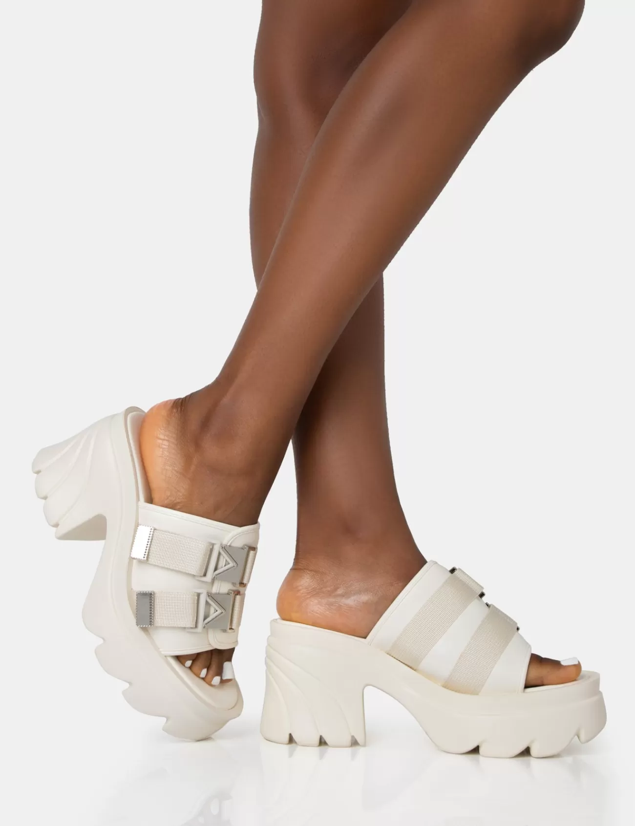 Public Desire Oslo Buckle Mule Platform Mid Heel Sandals Cream Outlet