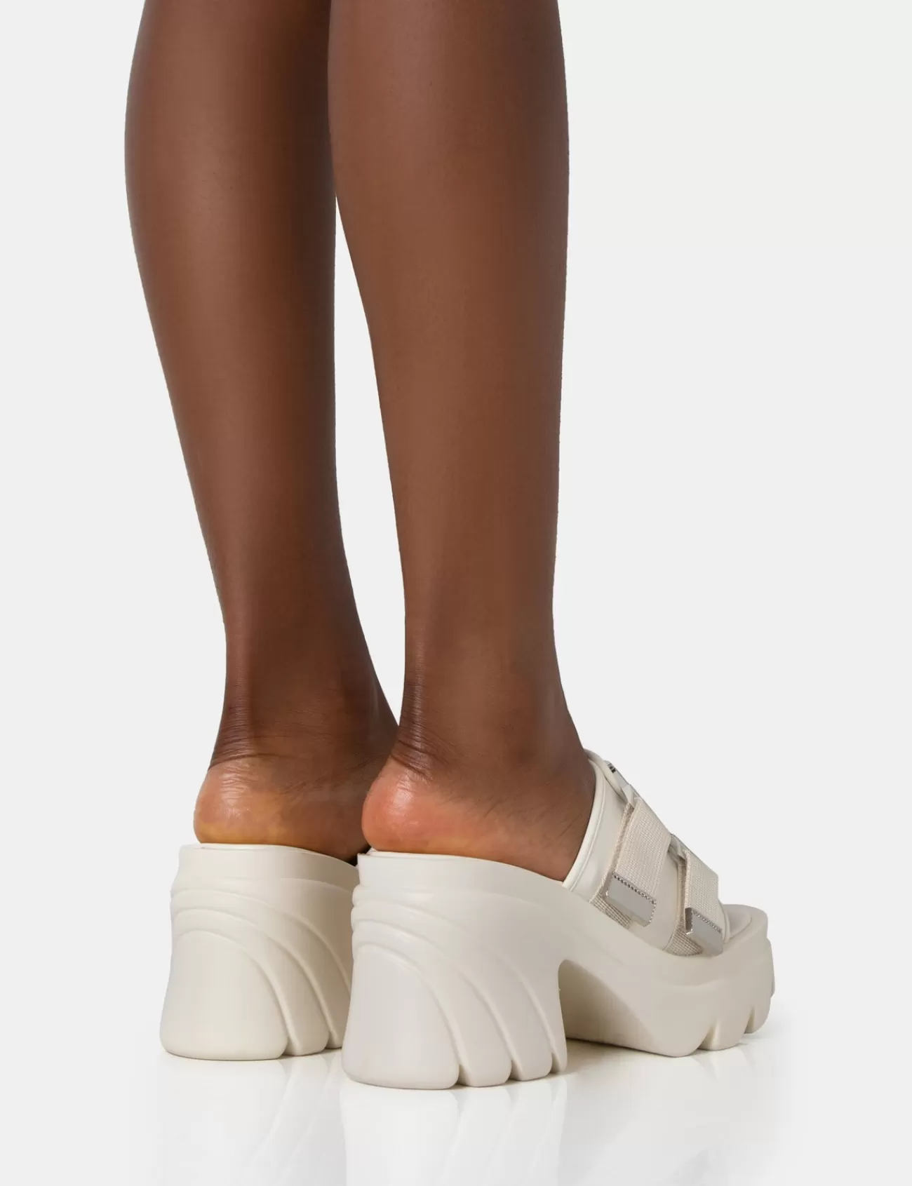 Public Desire Oslo Buckle Mule Platform Mid Heel Sandals Cream Outlet