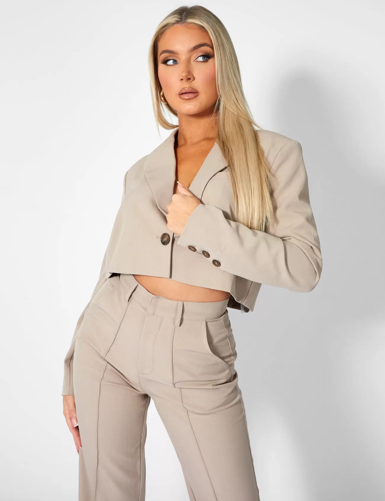 Public Desire Oversized Boxy Cropped Blazer Stone Taupe Outlet