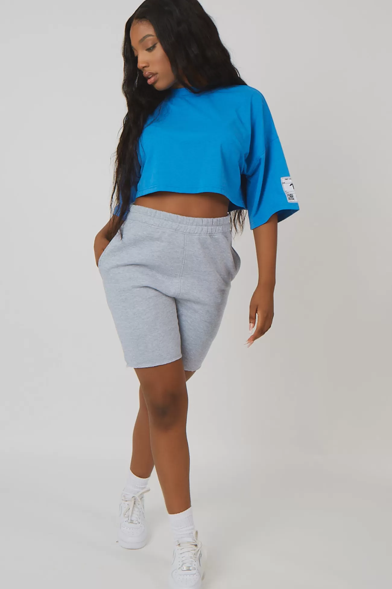 Public Desire Oversized Boxy Cropped Patch T-Shirt Blue Clearance