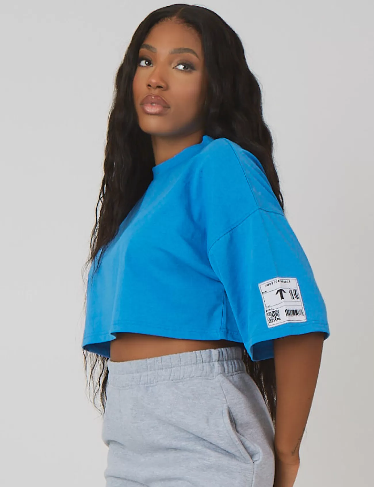 Public Desire Oversized Boxy Cropped Patch T-Shirt Blue Clearance