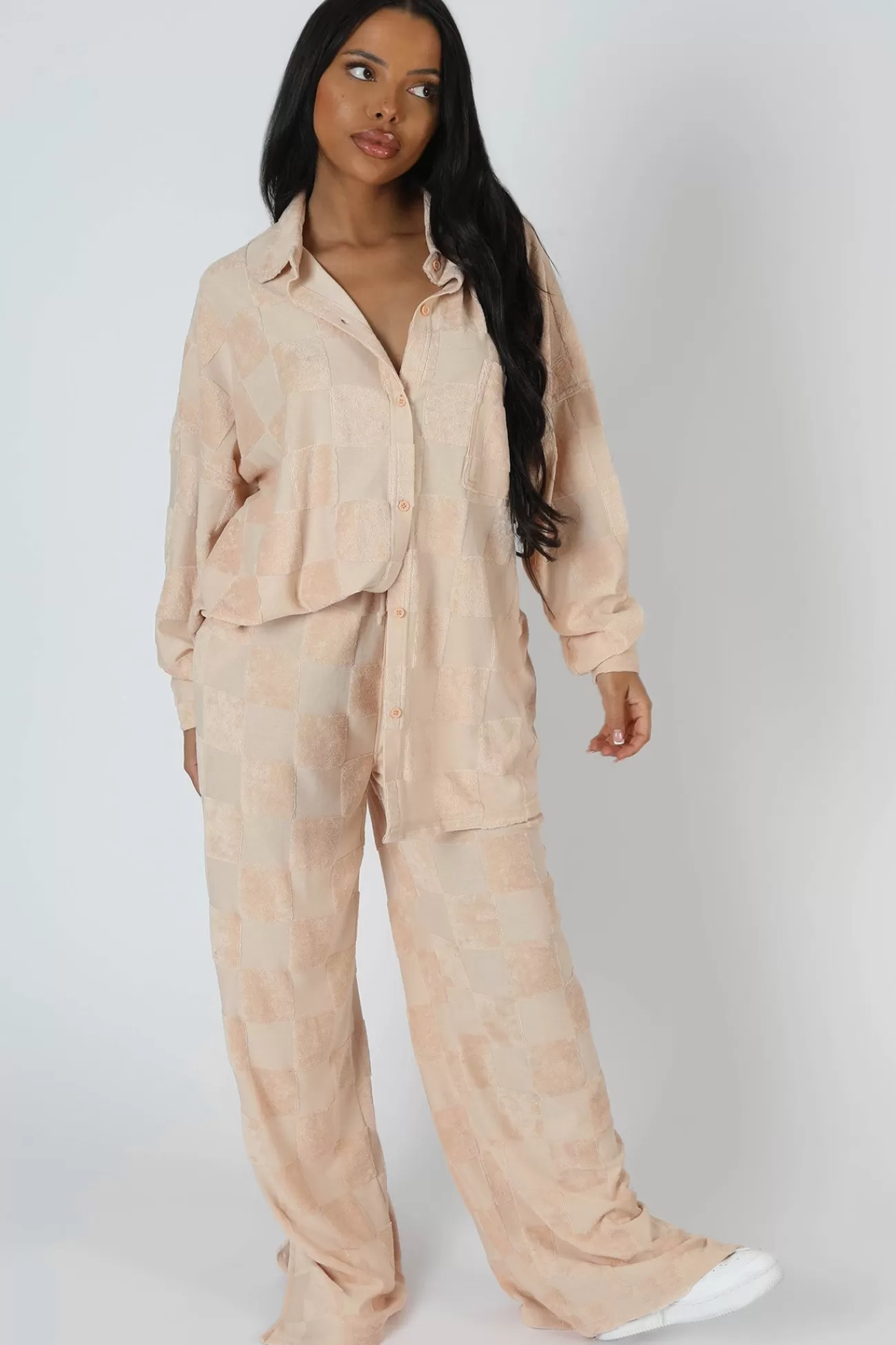 Public Desire Oversized Checkerboard Towelling Shirt Sand Hot