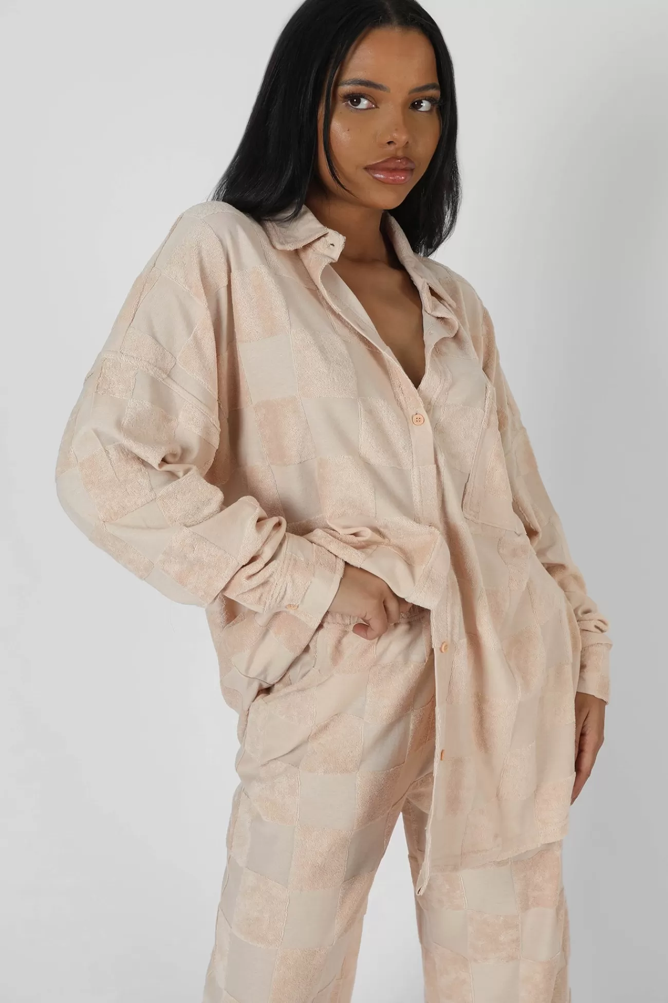 Public Desire Oversized Checkerboard Towelling Shirt Sand Hot