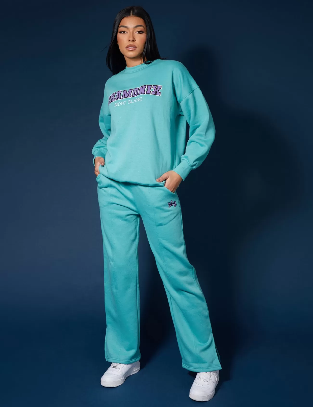 Public Desire Oversized Embroidered Slogan Sweatshirt Aqua Sale