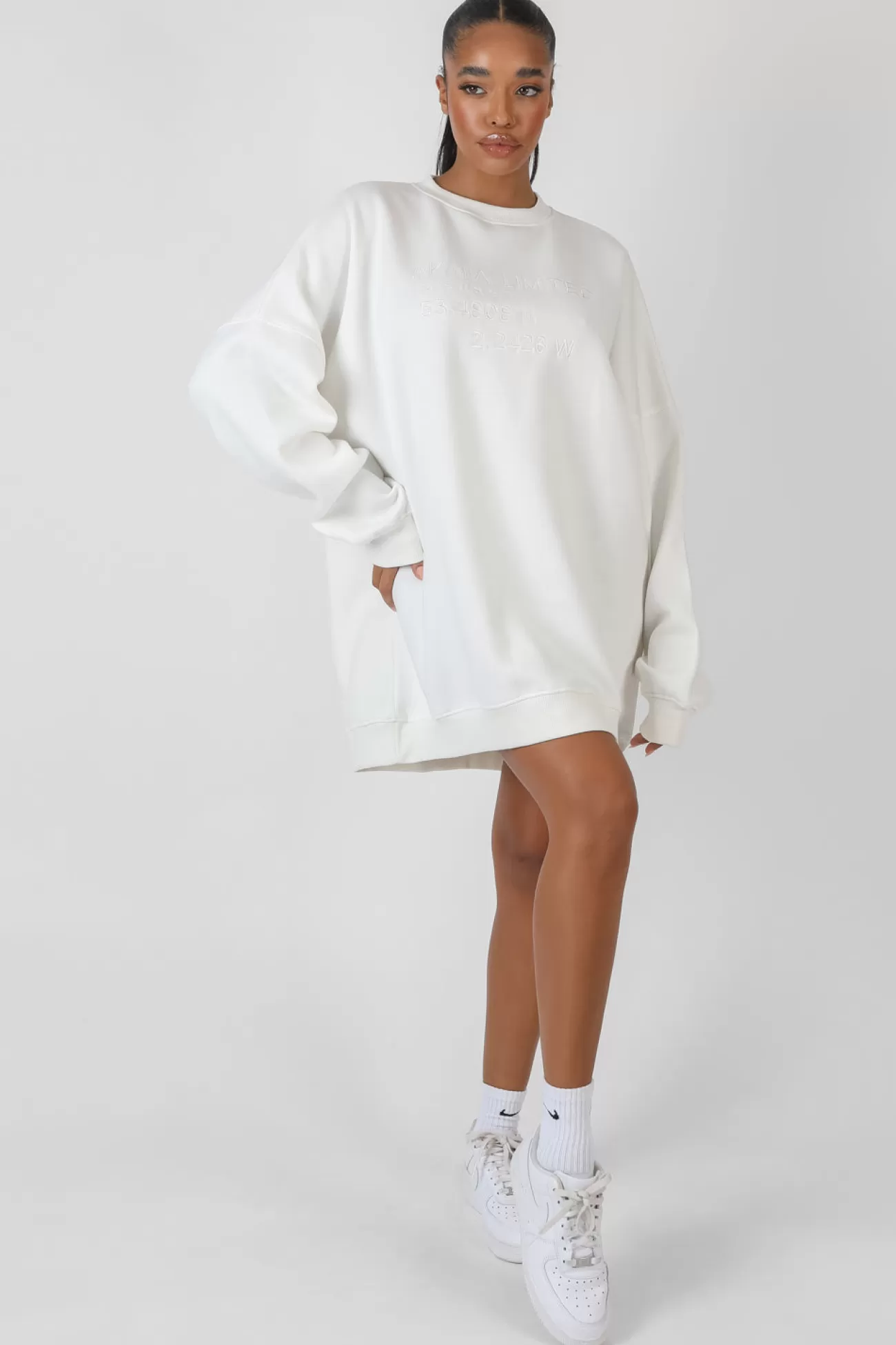 Public Desire Oversized Embroidered Tonal Sweatshirt Dress Ecru Outlet