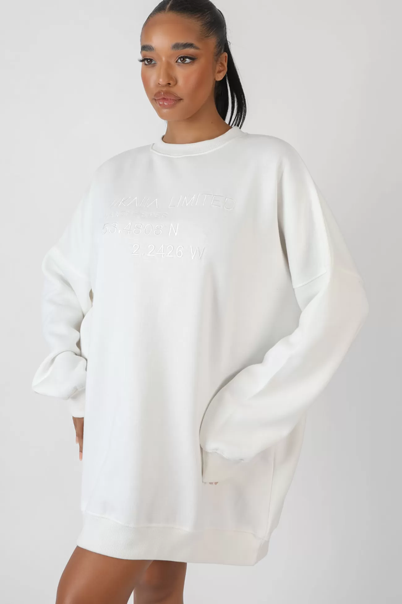 Public Desire Oversized Embroidered Tonal Sweatshirt Dress Ecru Outlet