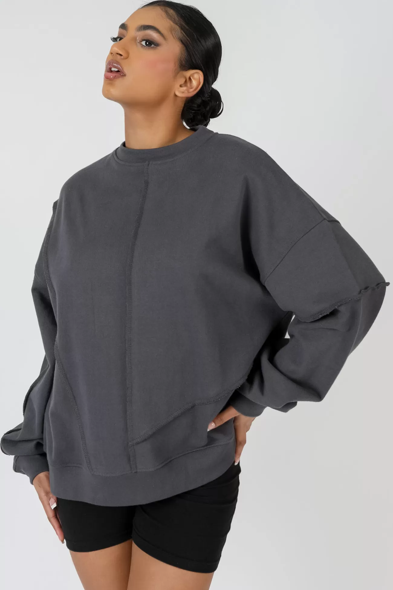 Public Desire Oversized Exposed Seam Detail Sweatshirt Dark Grey Darkgrey Discount