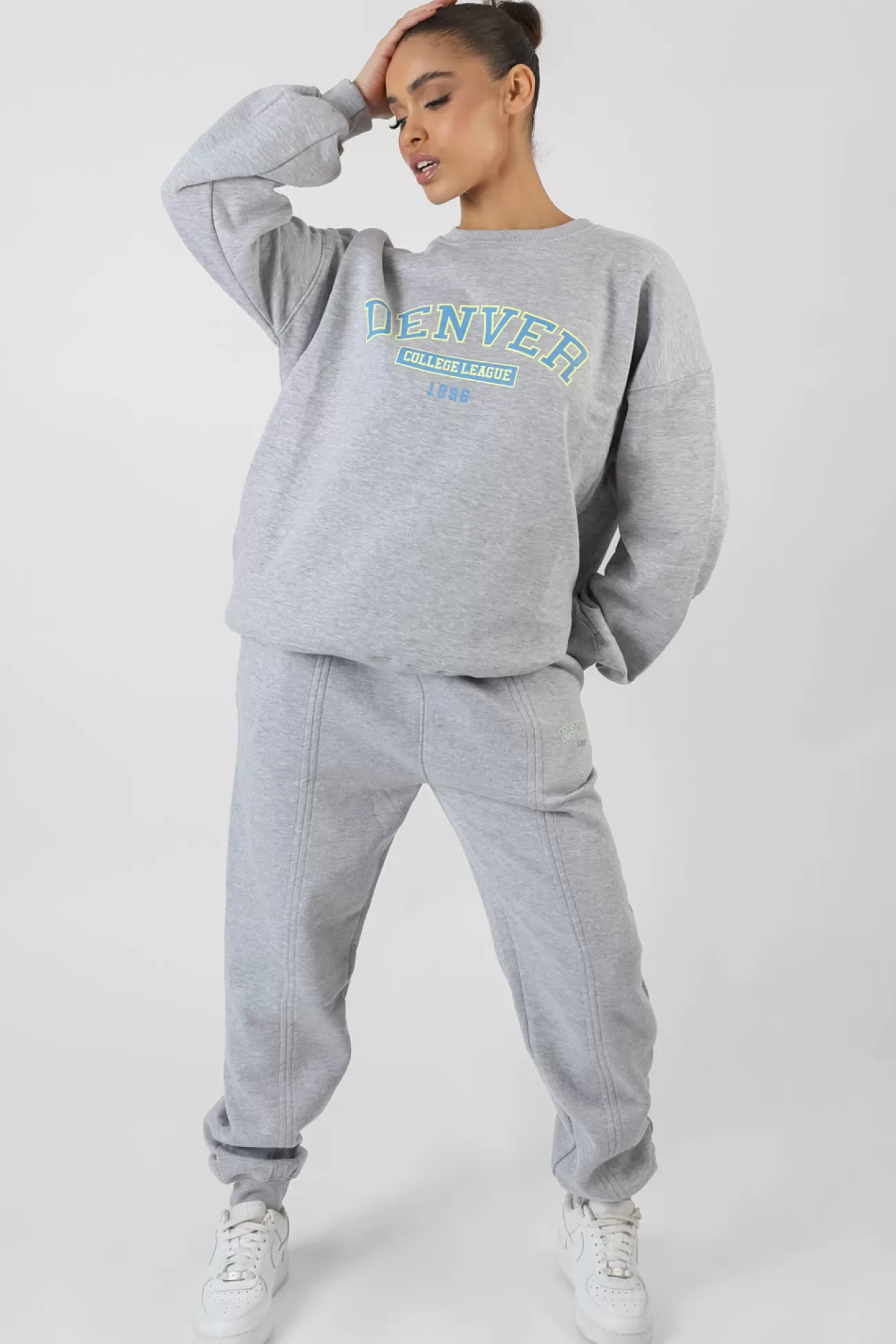 Public Desire Oversized Fit Denver Print Seam Detail Joggers Grey New