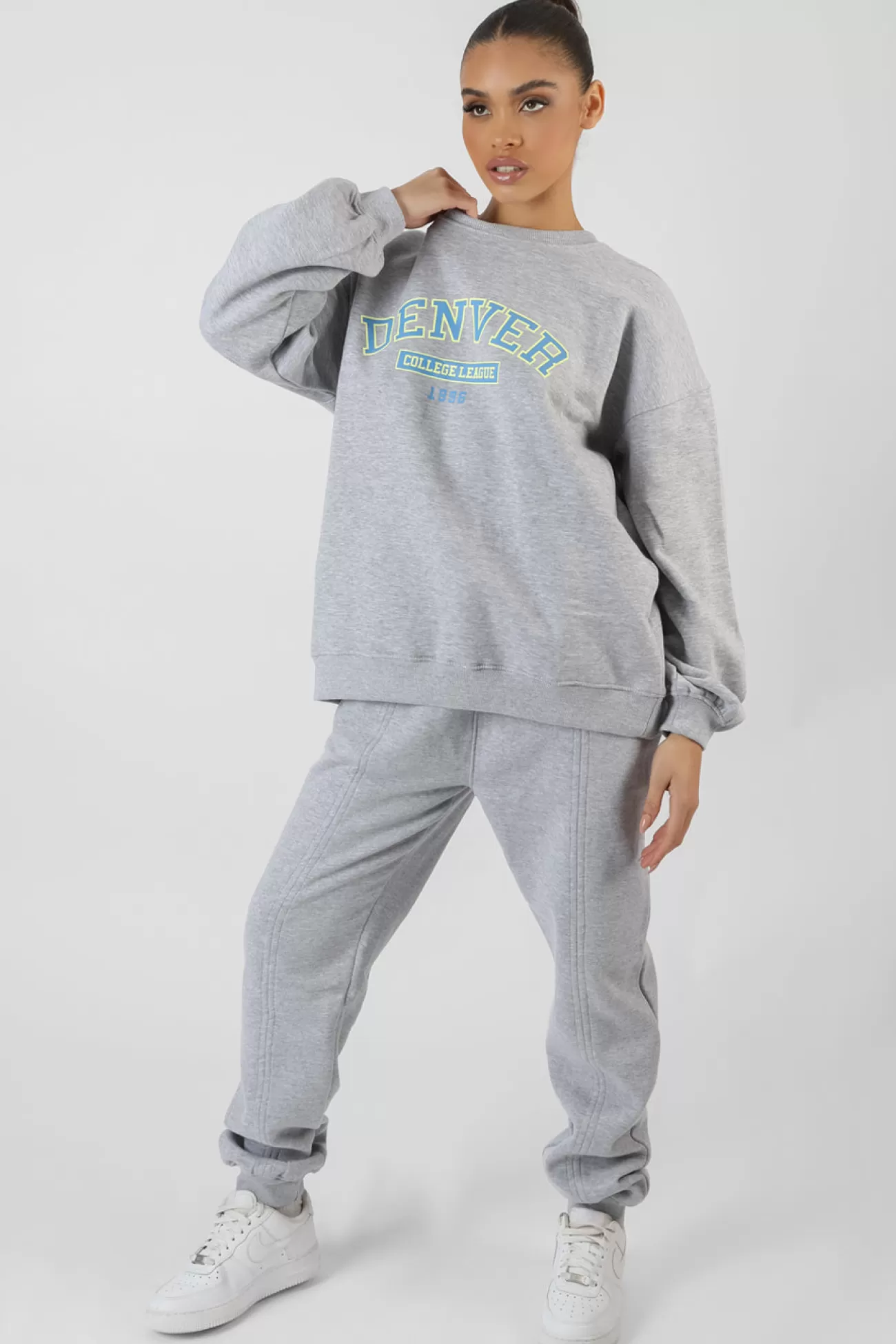 Public Desire Oversized Fit Denver Print Seam Detail Joggers Grey New