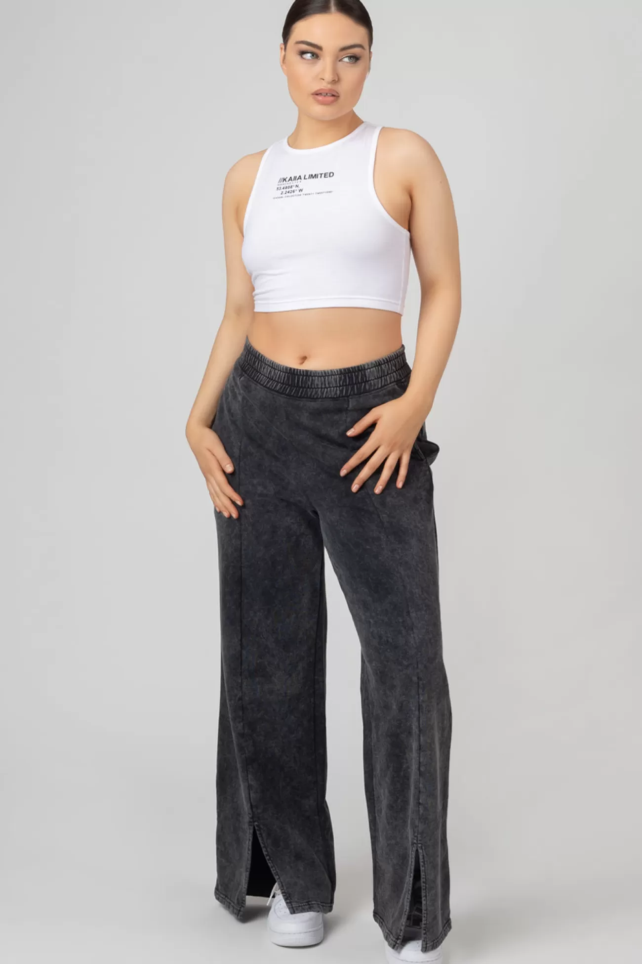 Public Desire Oversized Fit Split Front Seam Detail Wide Leg Joggers Acid Wash Grey Cheap