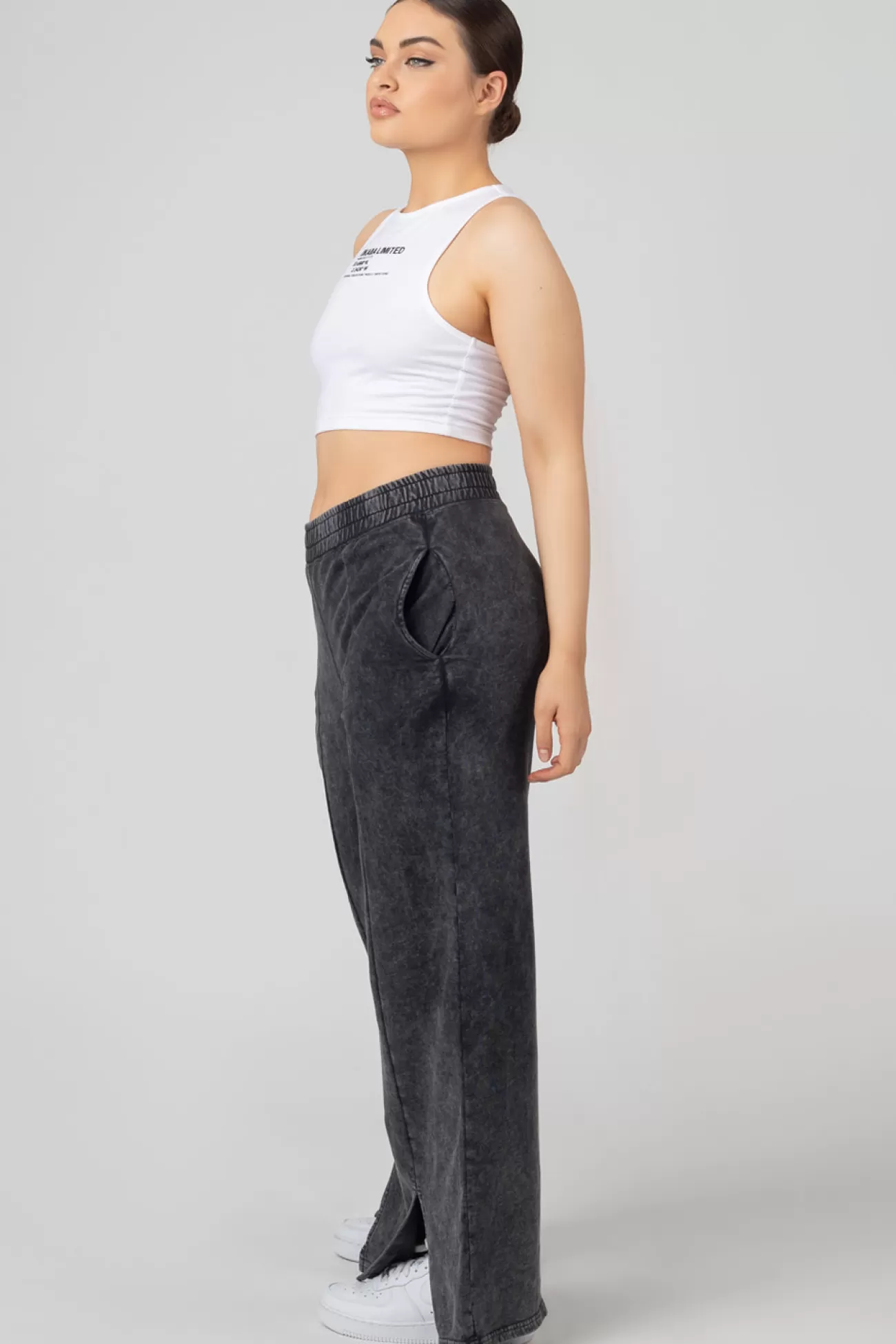 Public Desire Oversized Fit Split Front Seam Detail Wide Leg Joggers Acid Wash Grey Cheap