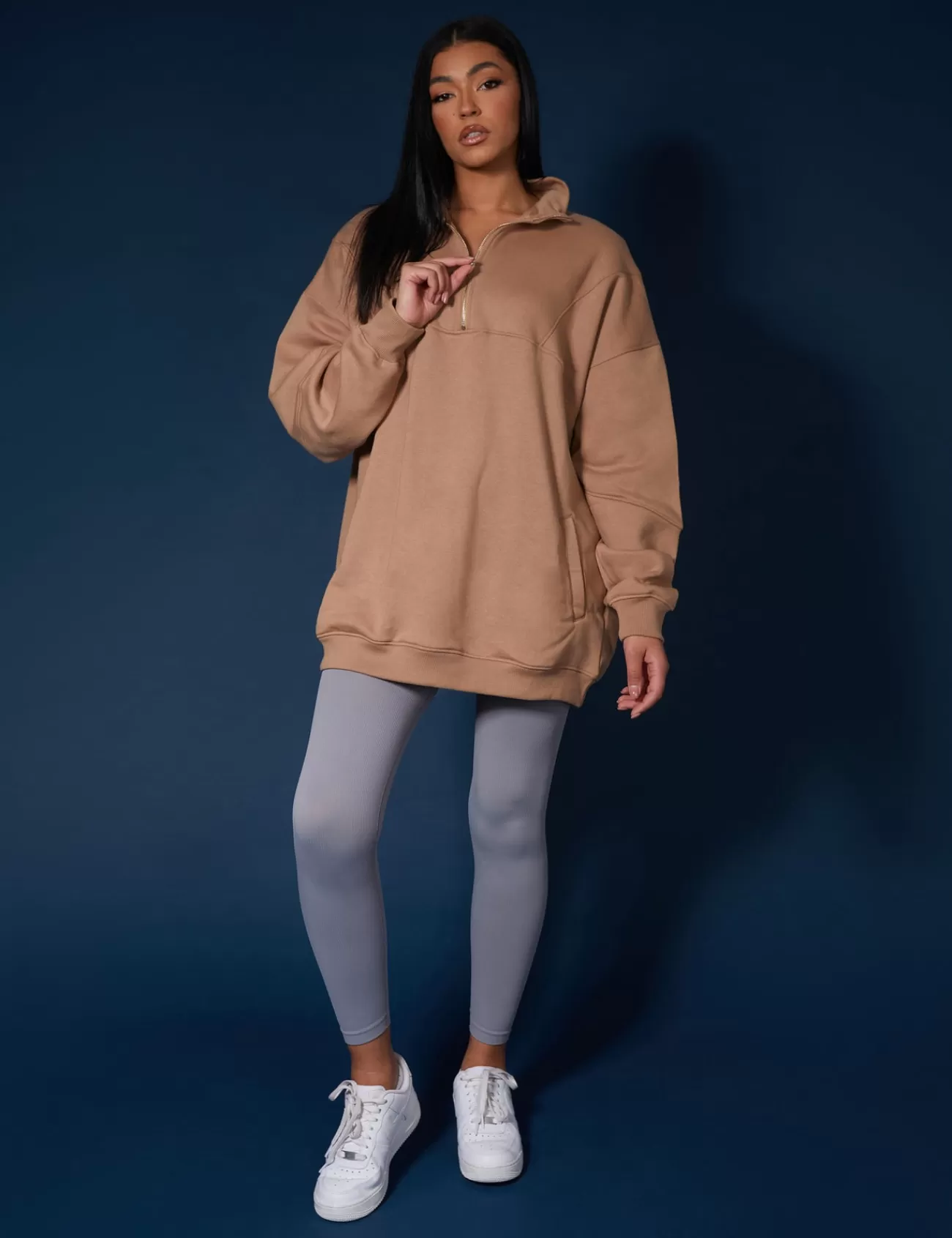 Public Desire Oversized Half Zip Pullover Sweat Dress Camel Sale