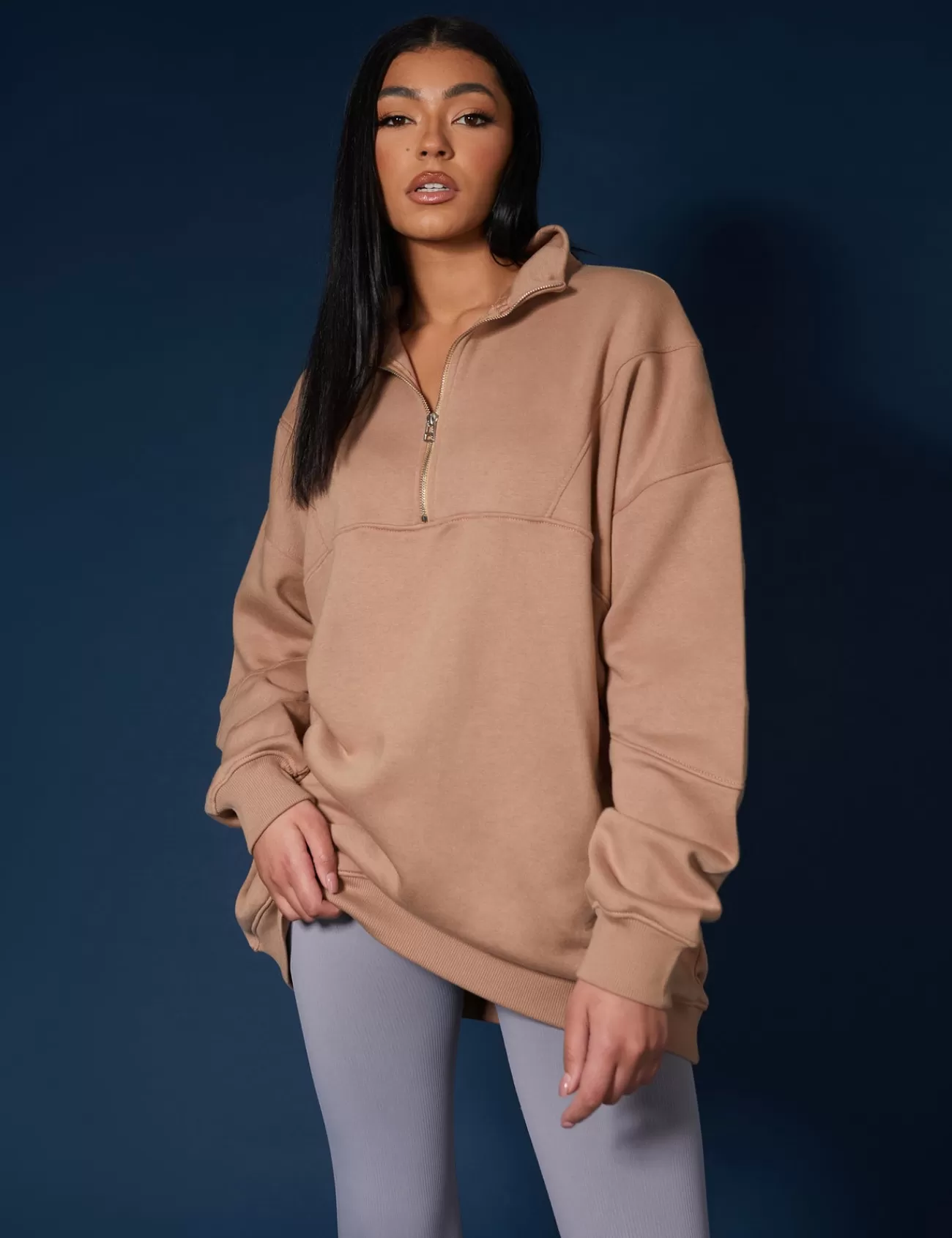 Public Desire Oversized Half Zip Pullover Sweat Dress Camel Sale