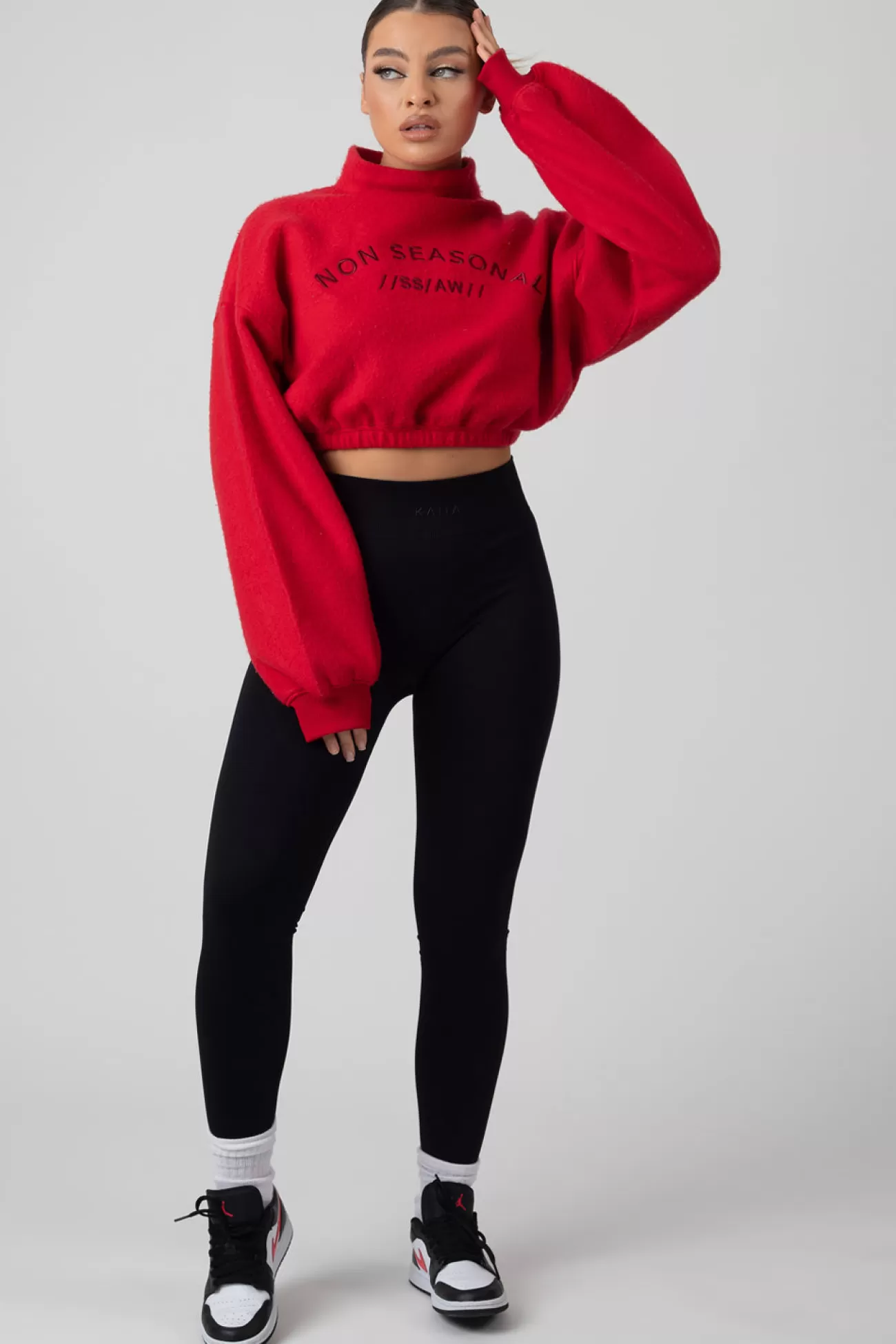 Public Desire Oversized High Neck Embroide Slogan Cropped Sweatshirt Red New