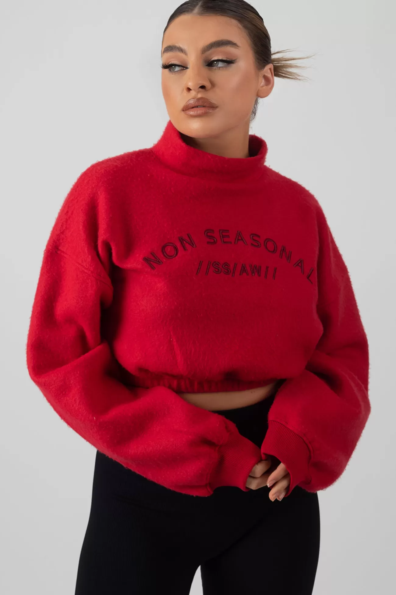 Public Desire Oversized High Neck Embroide Slogan Cropped Sweatshirt Red New
