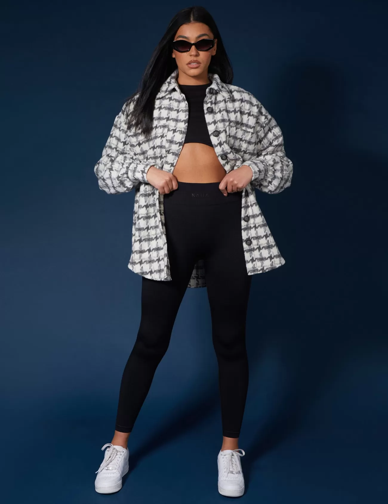 Public Desire Oversized Houndstooth Shacket Grey Clearance