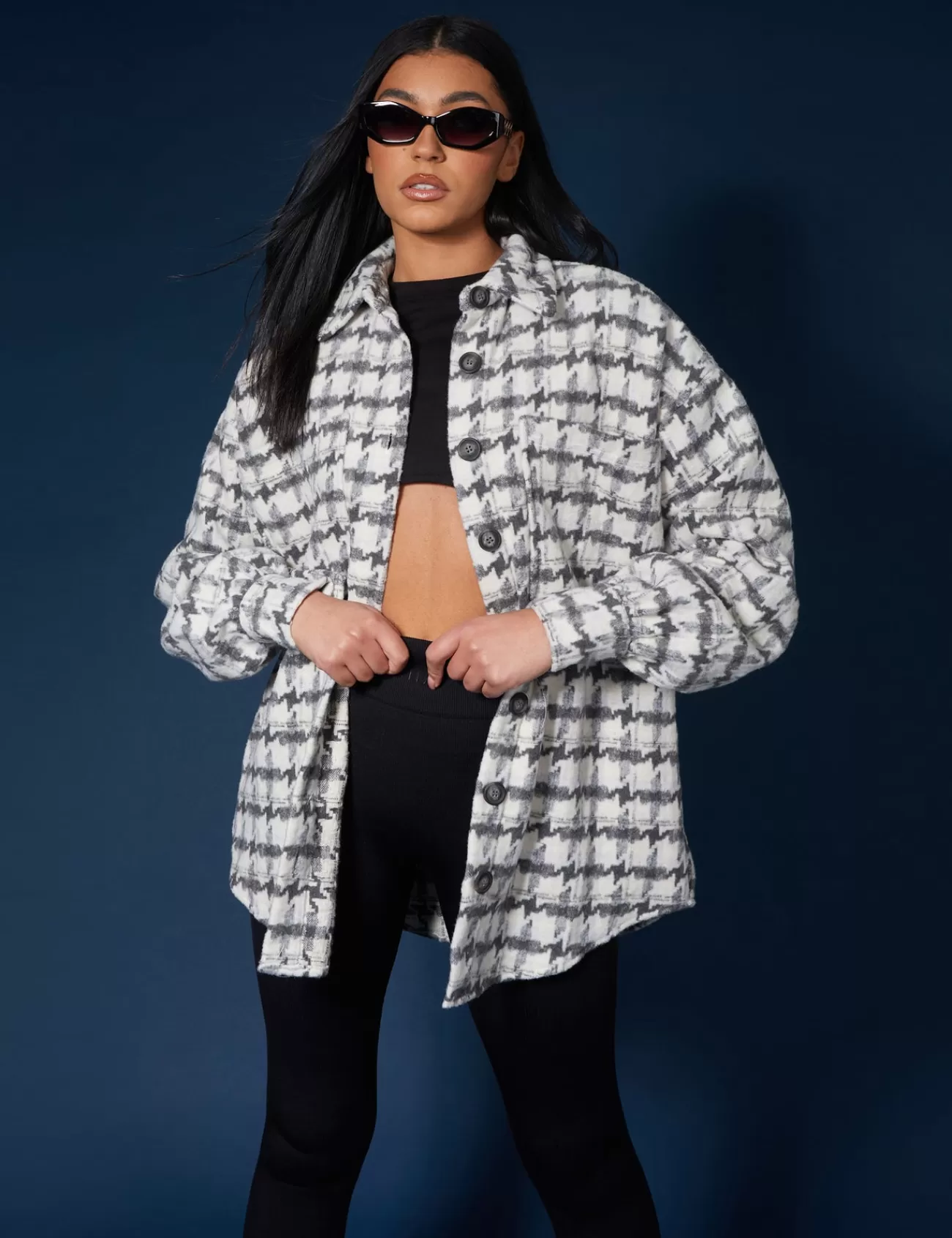Public Desire Oversized Houndstooth Shacket Grey Clearance