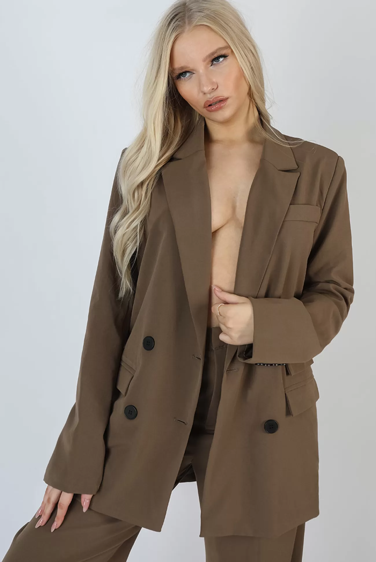 Public Desire Oversized Longline Double Breasted Pocket Detail Blazer Mushroom Best Sale