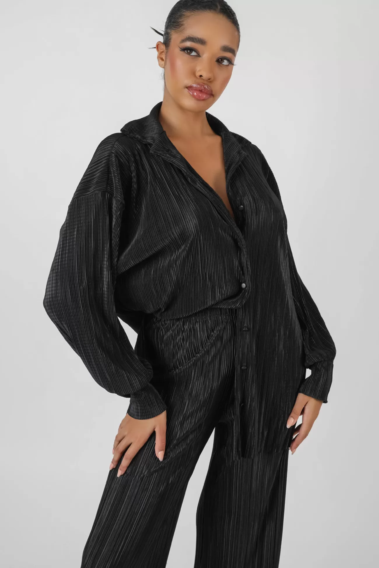Public Desire Oversized Plisse Shirt Black Fashion
