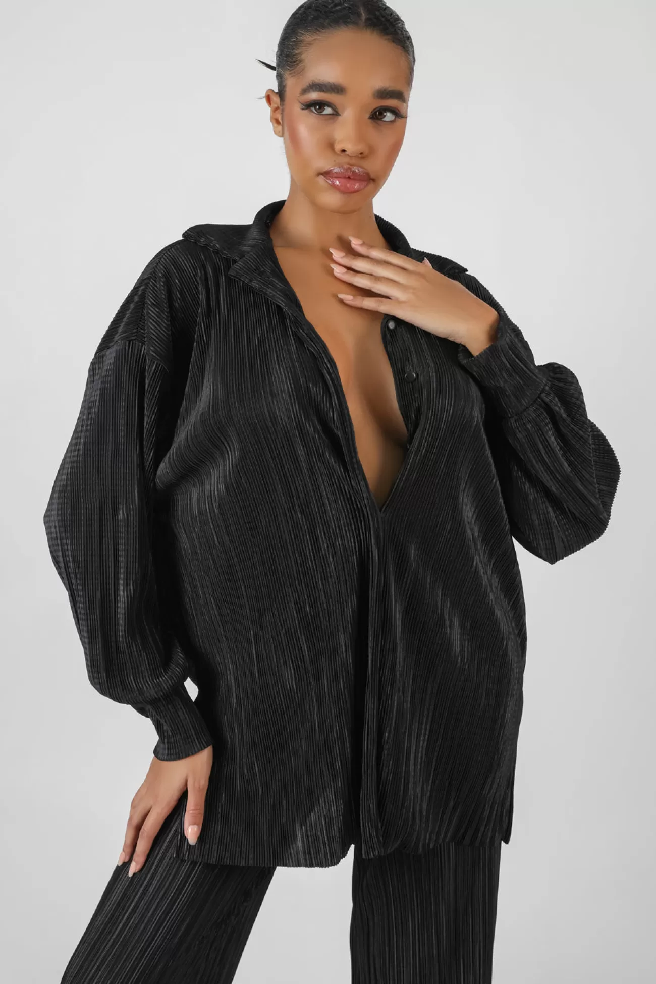 Public Desire Oversized Plisse Shirt Black Fashion