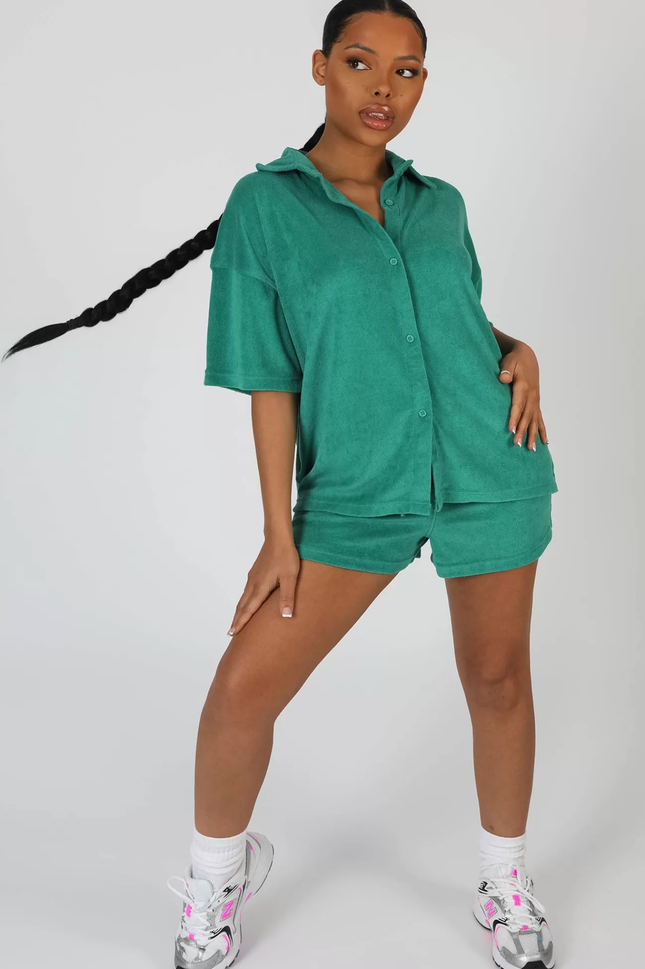 Public Desire Oversized Short Sleeve Towelling Shirt Green Cheap